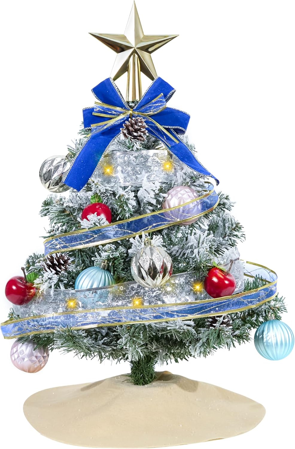 Small 2 FT Christmas Tree Decorations - Mini Christmas Table Top Tree Artificial, Xmas Desk 24 Inch Tree with Ribbon Lights, Ornament for Home Decor Indoor Office Holiday Tabletop Party (White)