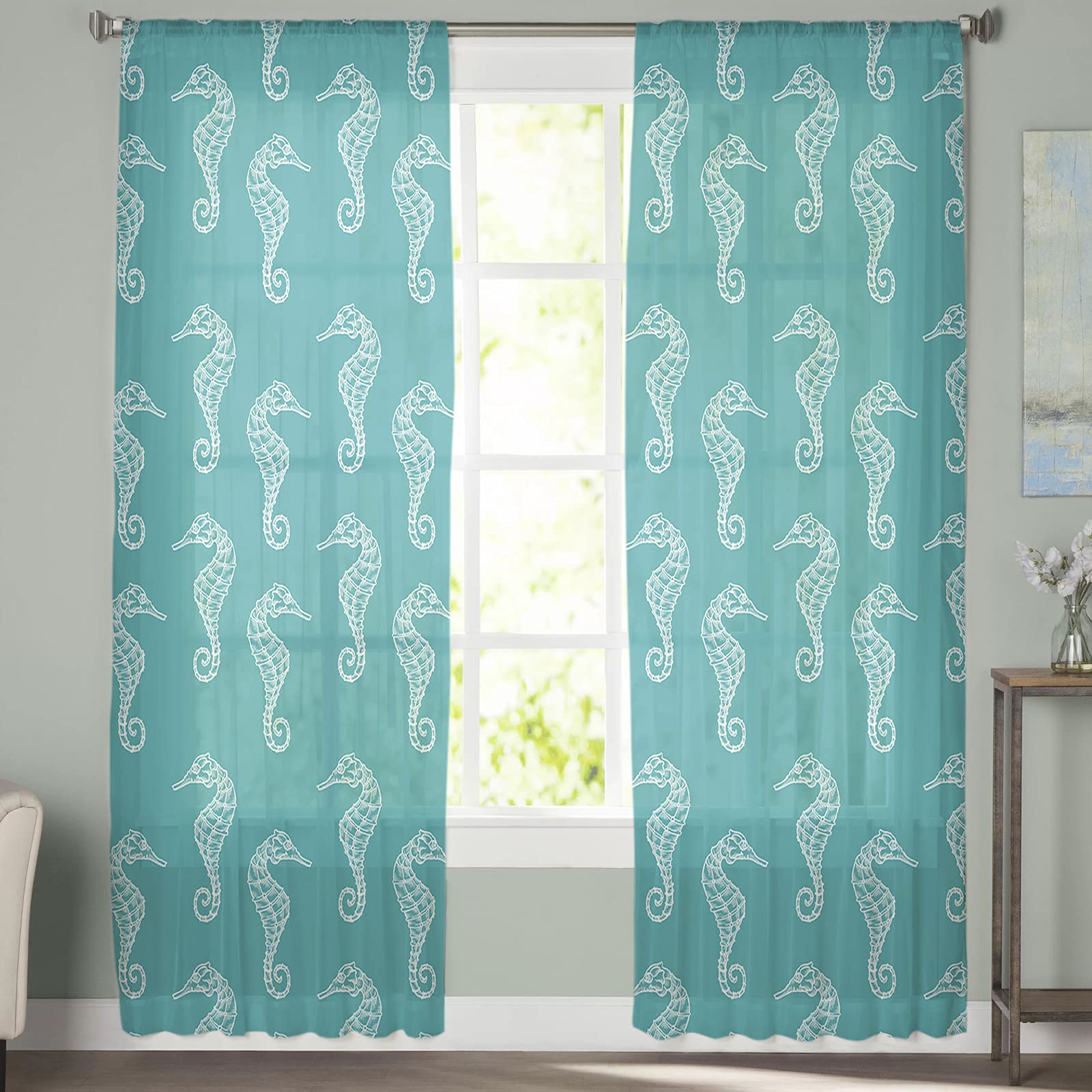 Edwiinsa Semi Voile Sheer Window Curtains, Ocean Seahorse Cyan Pattern Rod Pocket Curtains Panels Set of 2, 52 x 84 inch Long Window Treatment for Bedroom Living Room,
