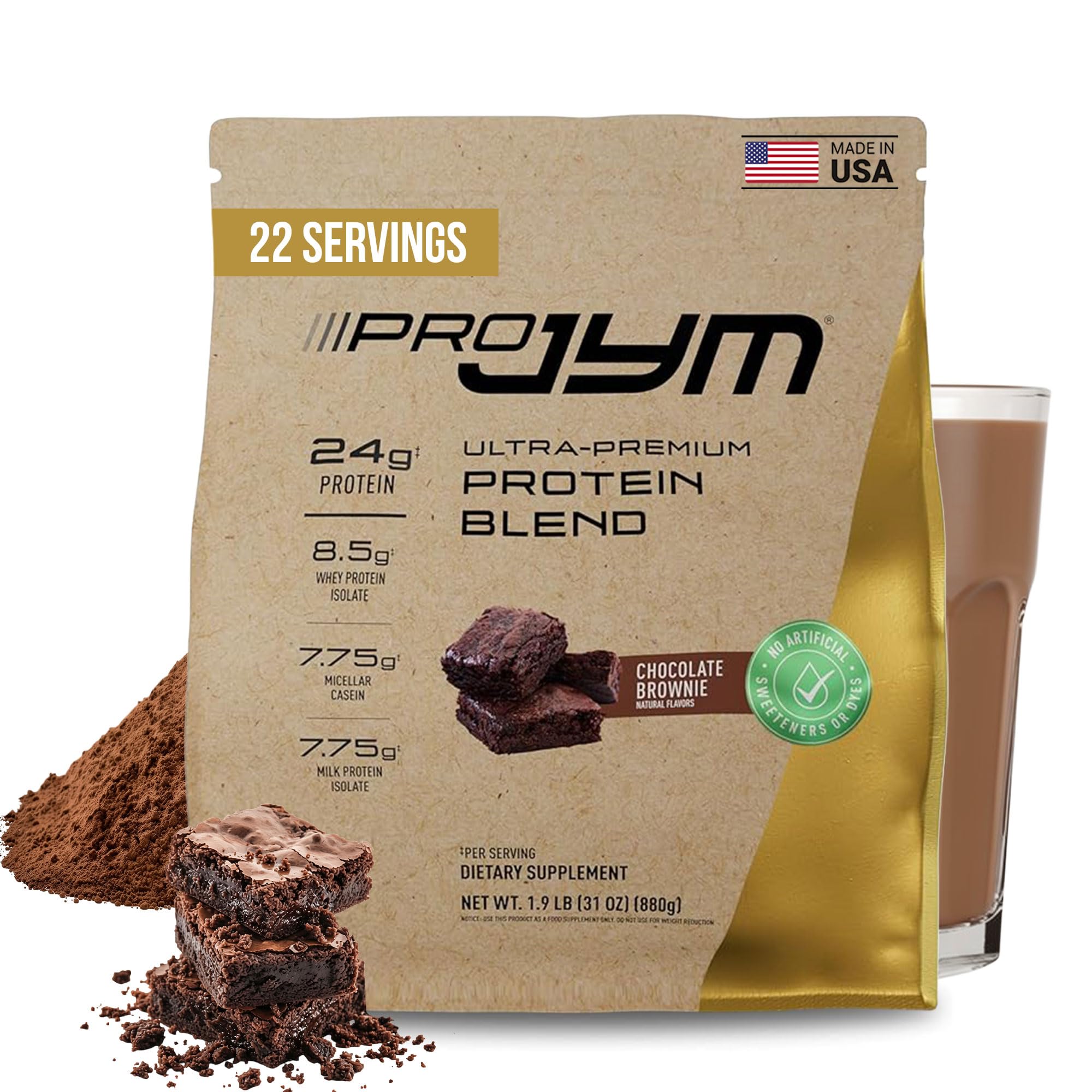 JYM Supplement Science Pro JYM Natural Chocolate Brownie Protein Powder Blend - Whey Protein Isolate, Casein, & Milk Protein Isolate, for Men & Women Recovery Shakes, 22 Servings