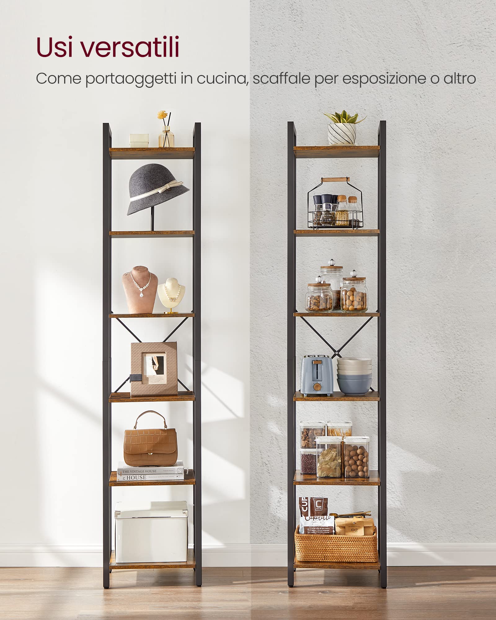VASAGLE Scaffale a 6 Ripiani, Libreria per Ufficio, Studio, Soggiorno, Camera da Letto, 30 x 40 x 186 cm, Stile Industriale, Marrone Vintage e Nero Inchiostro LLS101B01
