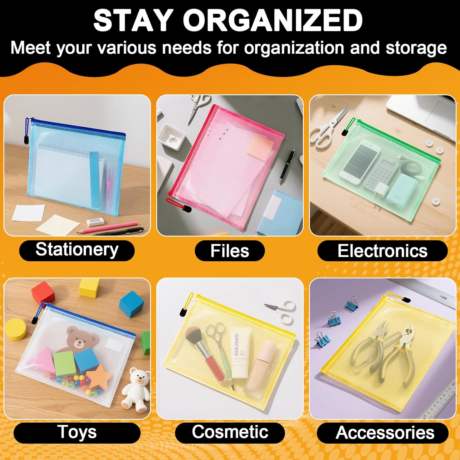 Mesh Zipper Pouch Bags - 5 Pack Waterproof Zipper Bags 13.2 x 9.4 Inch Clear Mesh Storage Pouches Assorted Colors for Home, Office, School, Travel, Puzzles, Board Game, Cosmetic, Accessories - Image 4