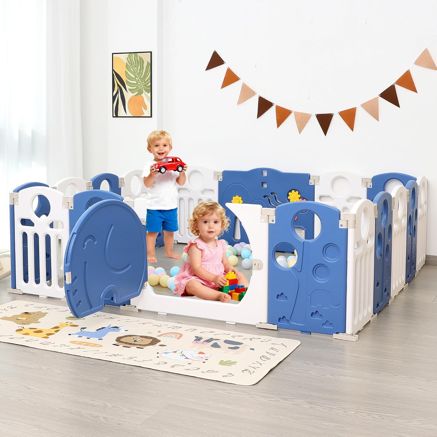 Baby Playpen, 18-Panel Foldable Play Pen for Babies and Toddlers, Indoor Outdoor Baby Fence with Sensory Play Panel, Adjustable Shape Activity Play Center, Portable & Easy Assemble