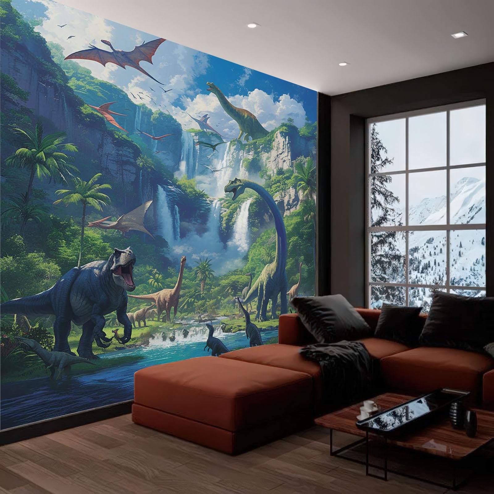 Tapete Fototapete 3d Effekt Dinosaurier Mit Tiermotiv Wandbild Wanddeko für Wohnzimmer Schlafzimmer, GrüN Vlies Tapeten mit Geruchsfreiheit Wandposter Wandkunst, 350x256cm