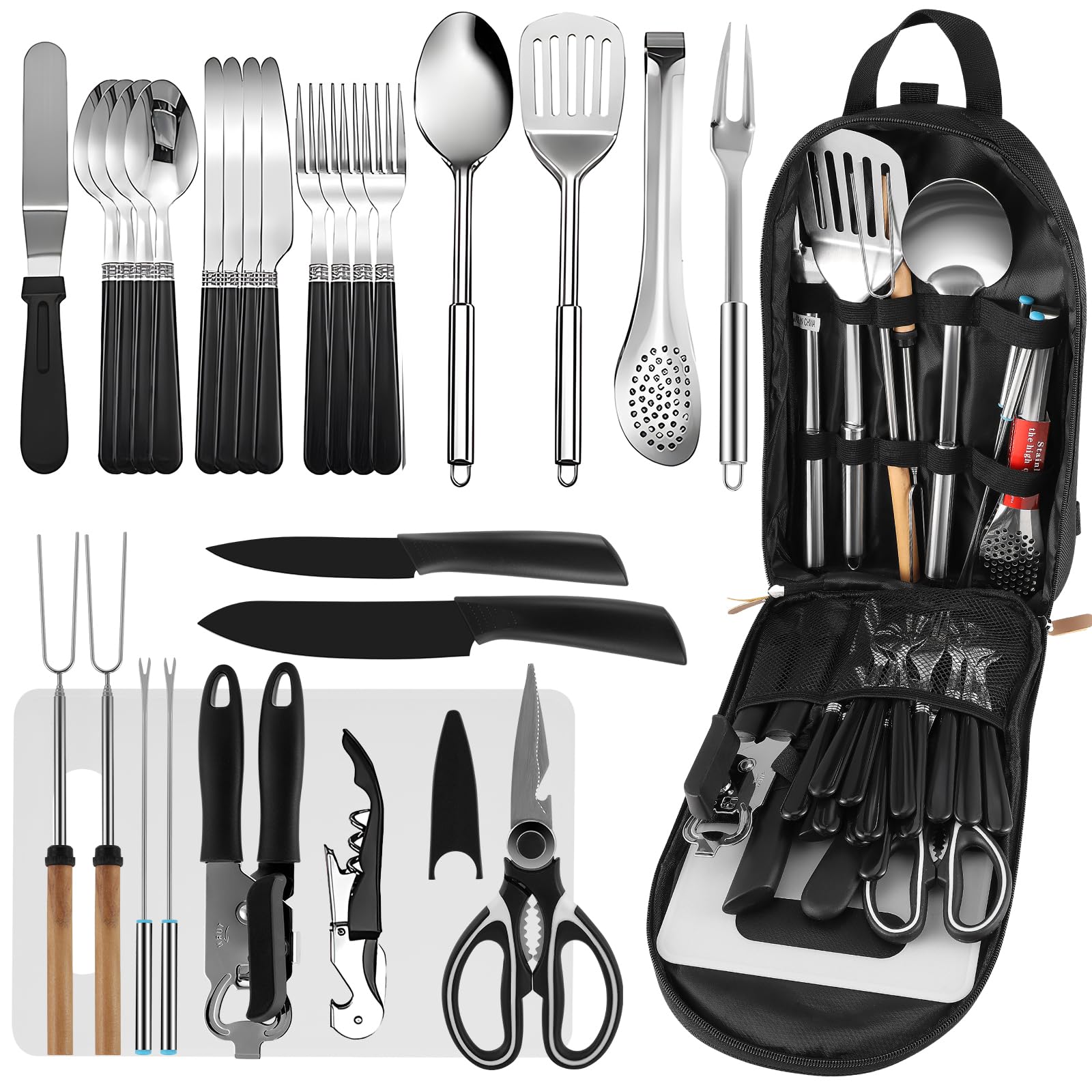 28 Pcs Camping Cooking Utensils Set, Camping Utensil Set for Campervan, Camping Travel Accessories Cooking Essentials, Camping Kitchen Utensil Organizer Travel Set, Kitchens Portable Cooking (28Pcs)