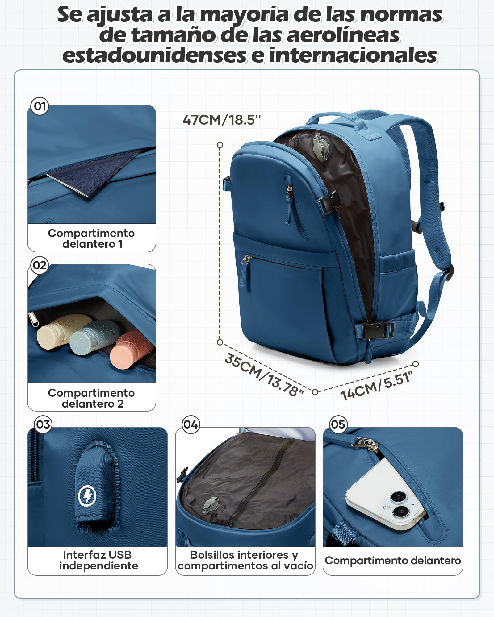 Mochila Viaje al Vacio con Bomba, Impermeable Mochila Viaje Cabina Avion Ryanair, Equipaje de Mano de Viaje Maletas Easyjet para Mujer Hombre(Azul)