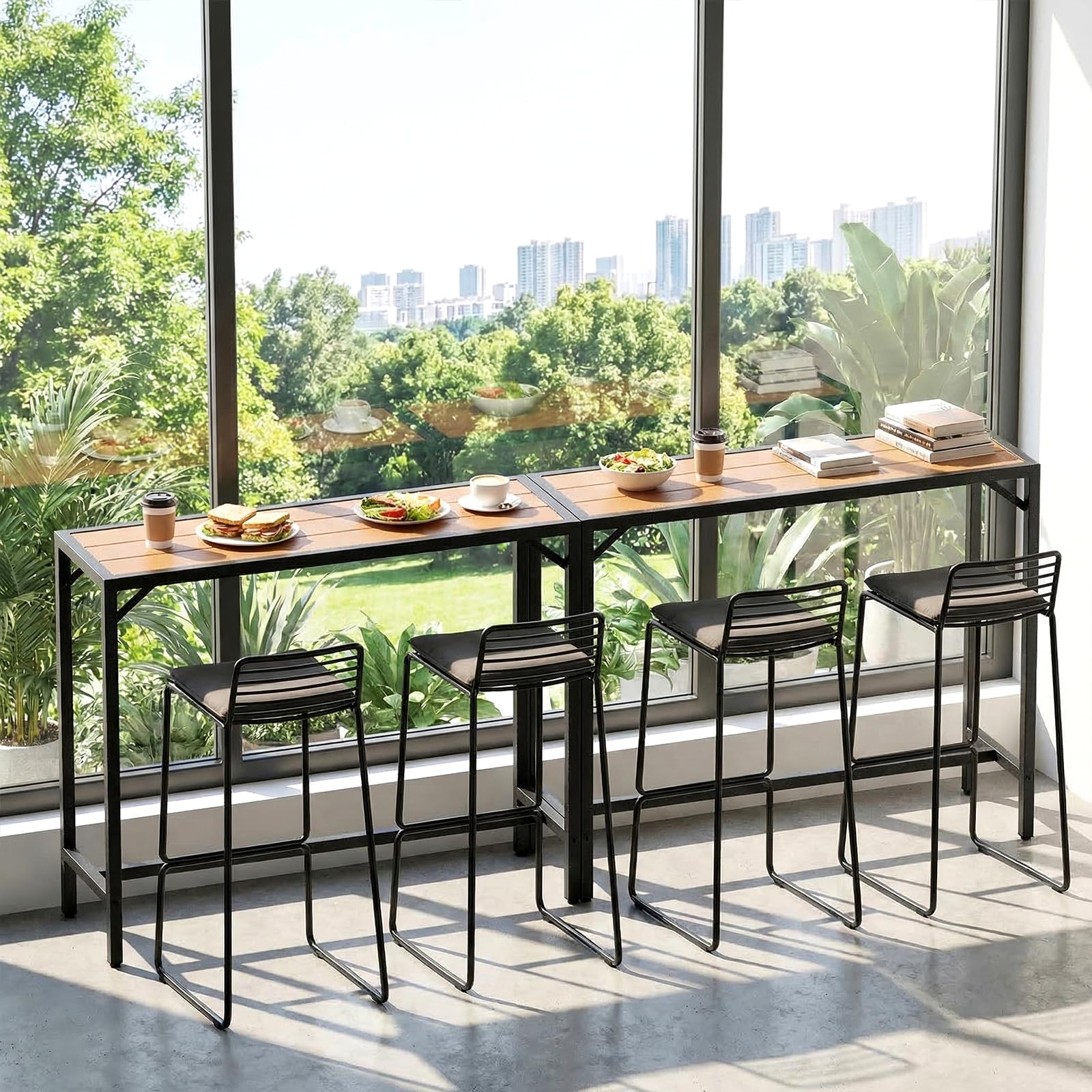 LIFERUN Mesa Alta de Bar de Exterior, 120 x 38 x 98 cm, Mesa de Bar para Jardín con Tablero Impermeable y Pies Ajustables, Mueble de Jardín para Terraza, Piscina, Salón, Comedor, Marrón
