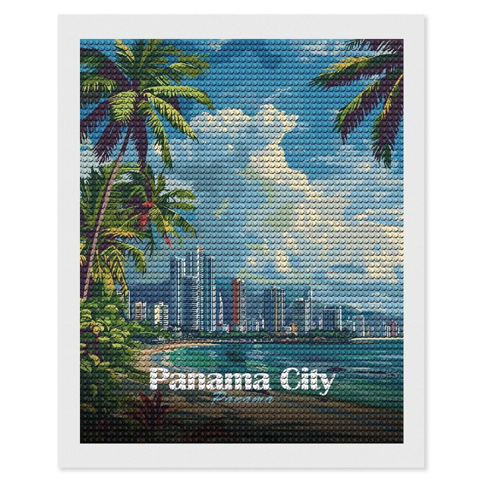Junmoney Panama City Skyline Diamond Painting Canvas Set 16"x20", for Women, Mindful Craft Activity, Cosy Home Accent, Festive Craft Gift