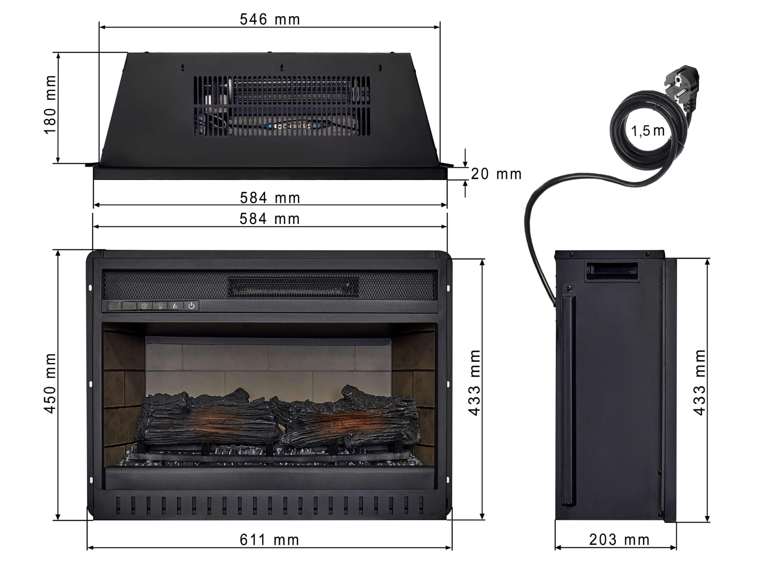 AF22 Insert de Cheminée Électrique Encastrable – Acier Inoxydable, Verre Trempé, Effet Flamme + Chauffage 1800W, Télécommande, Thermostat, Design Élégant
