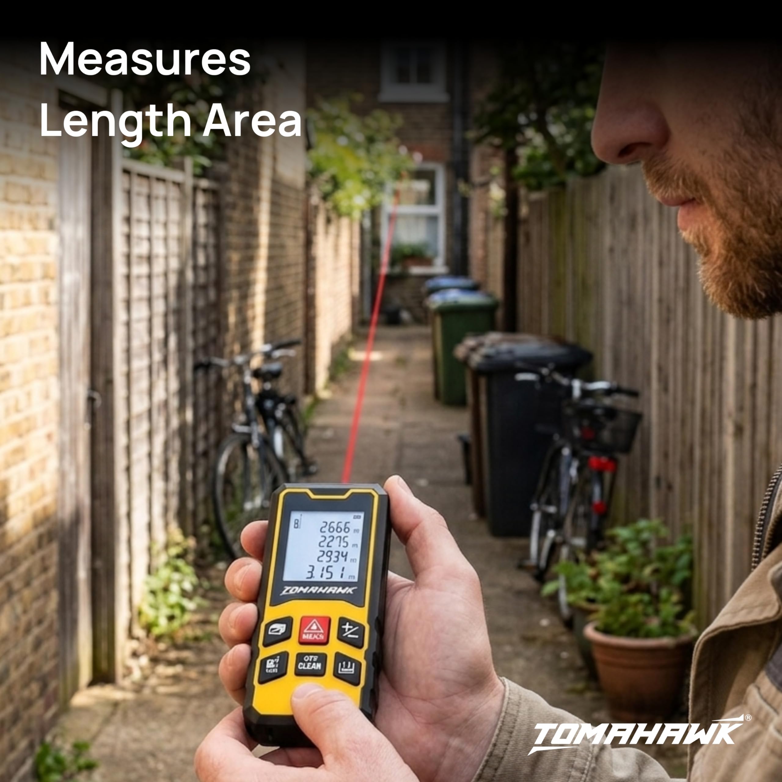 TOMAHAWK® TLM-O-40 Laser Distance Meter Measurer 131Ft/40M with Area, Volume and Pythagoras Measurement - Water and Dust Resistant Laser Measuring Device with Backlit LCD, Battery Included 1