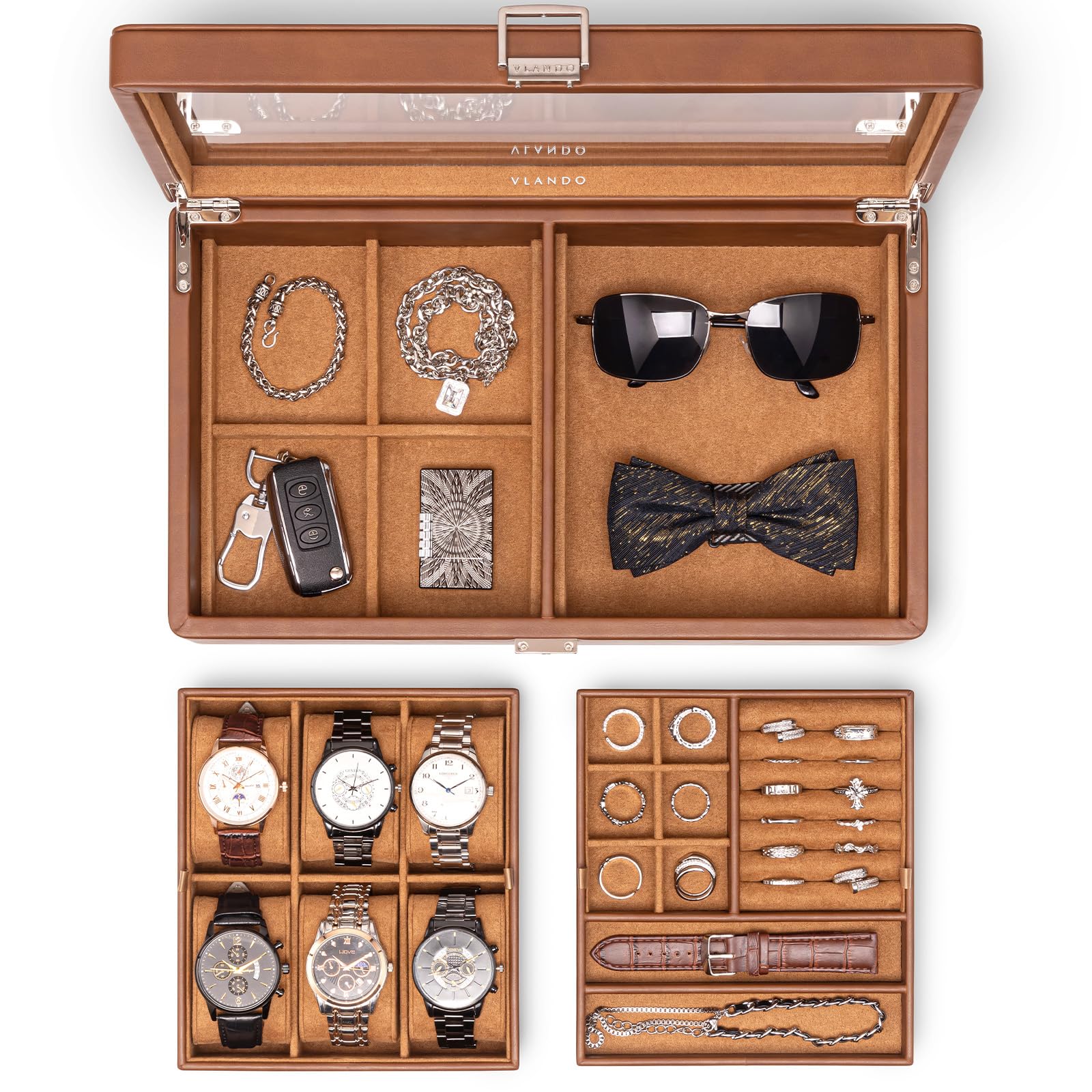 VLANDO 6-Slot Watch Box Organize, Lockable Watch Case with Textured Leather, 2 Layer Watch Holder for Rings, Bracelets, Glasses, Glass Lid, Removable Divider, Gift for Fathers, Husband, Vintage Brown