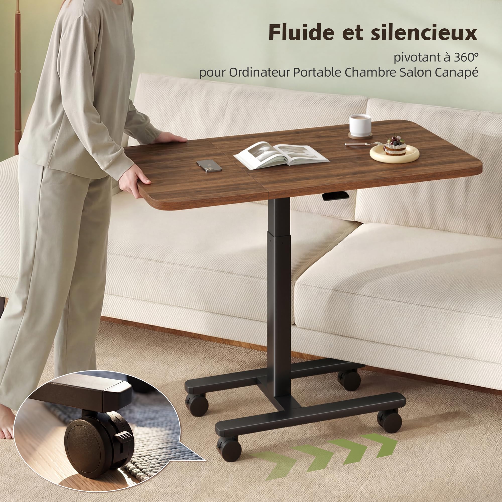 Table Lit Réglable Hauteur, Grande Surface 100cm, avec roulettes Freins, Vérin Pneumatique, Table d'Ordinateur, Bureau Forme C Robuste, Table Canapé Mobile pour Salon, Office,Couleur Noyer
