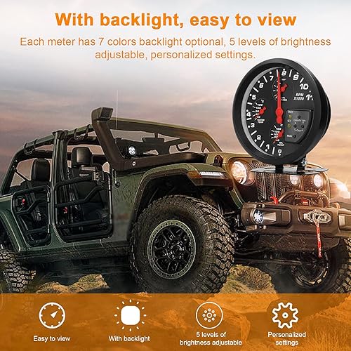 Miniatura 4 de Medidor de presión de aceite, 5 pulgadas, 4 en 1, medidor multifuncional para automóvil, tacómetro, presión de aceite, temperatura del aceite,