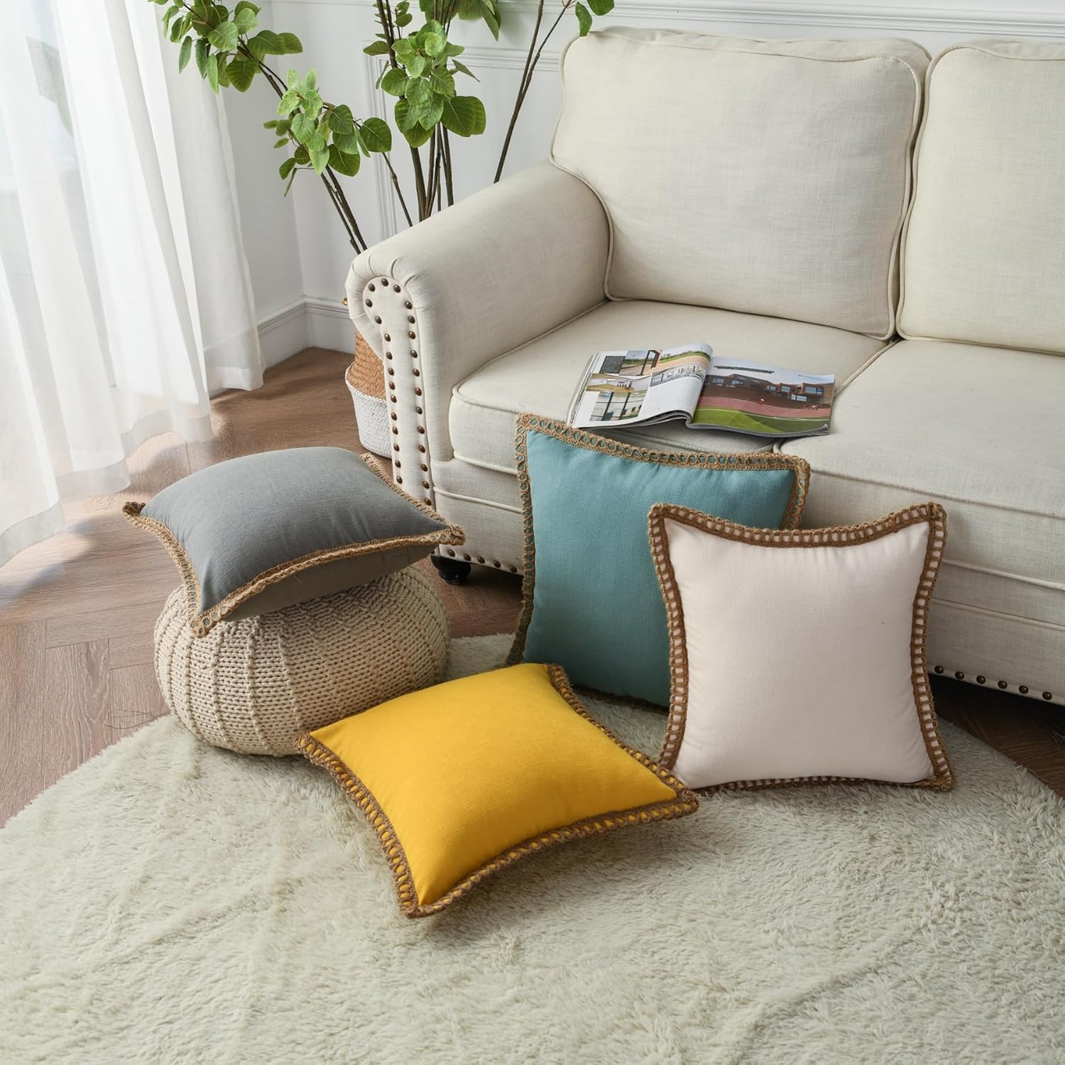 LIGICKY Pack of 2 Farmhouse Decorative Throw Pillow Covers Burlap Linen Trimmed Tailored Edges Square Pillowcases for Couch Sofa Bed Living Room, Off White 20x20 Inch