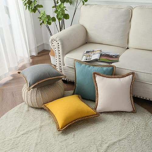 Miniatura 2 de LIGICKY Paquete de 2 fundas de almohada decorativas de arpillera con bordes a medida, fundas de almohada cuadradas para sofá, cama, sala de estar,