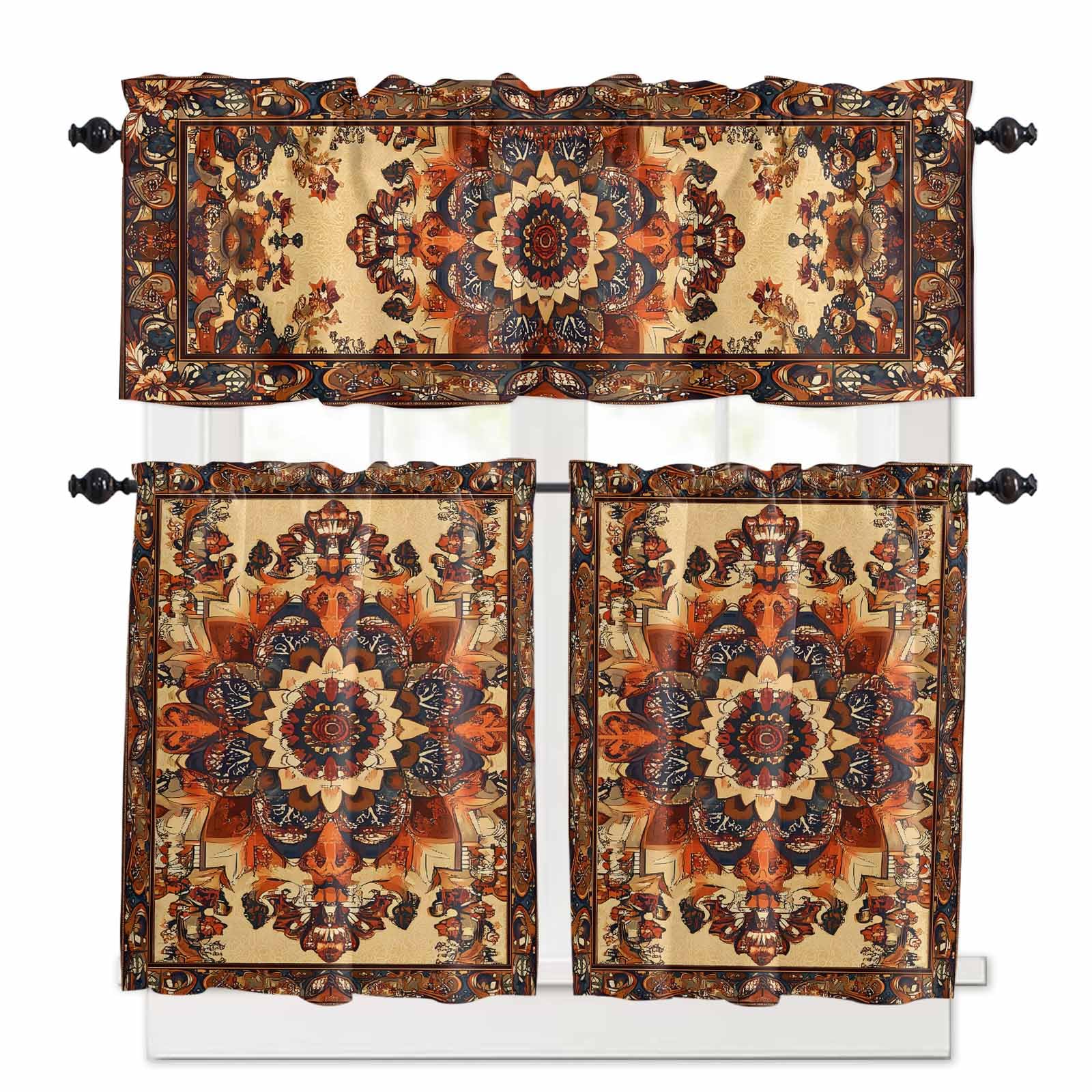 Bohemian Flower Kitchen Curtains 24 Inch Length,3 Piece Rod Pocket Small Half Tiers and Valance Set,Boho Tribal Colorful Distressed Printed Small Large Window Treatment Decor for Bedroom/Bathroom