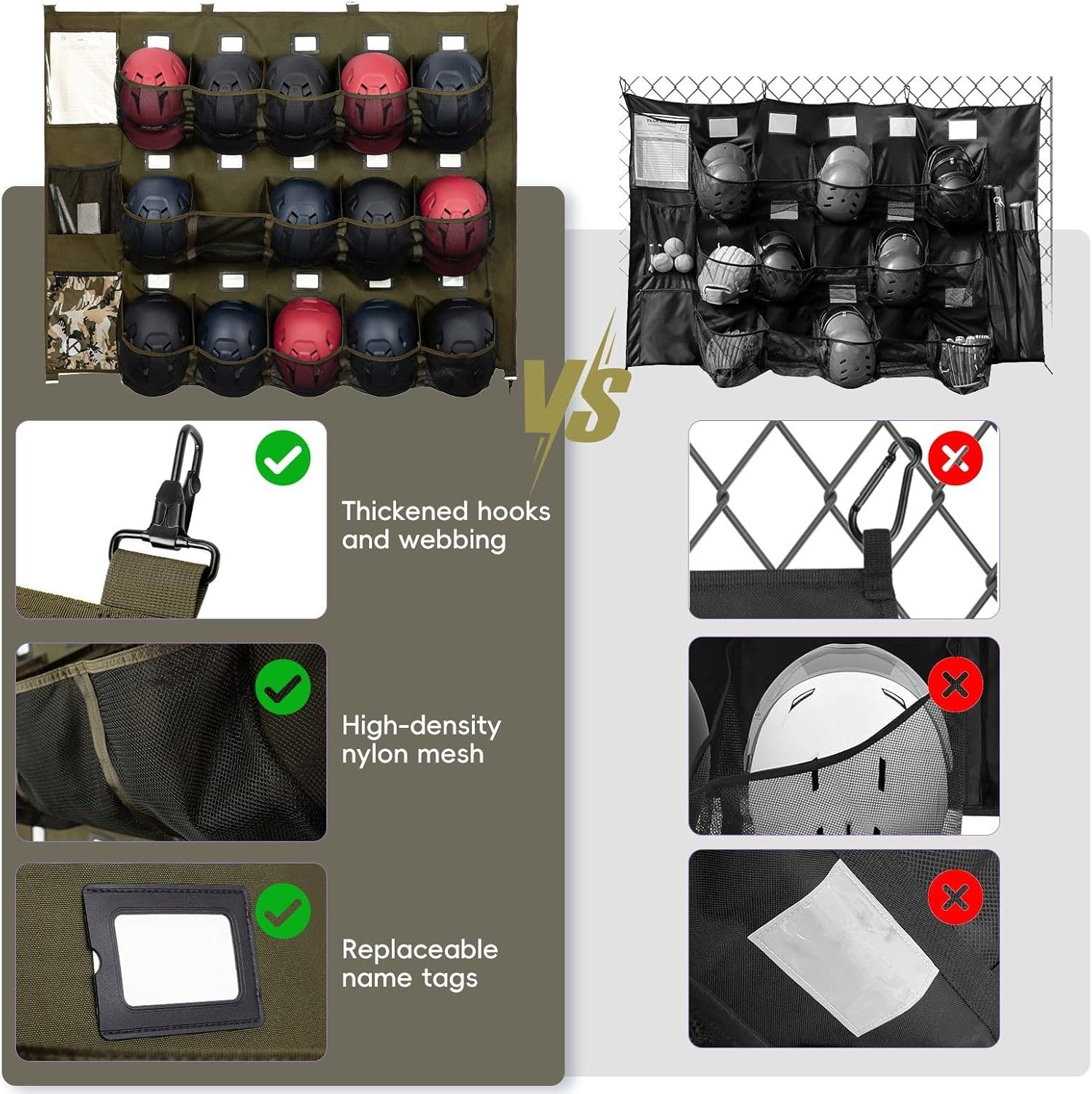 KAVIGOR Baseball/Softball Dugout Organizer - 15+ Helmet & Glove Storage Bag, Military-Grade 900D Fabric & 6 Reinforced Steel Hooks