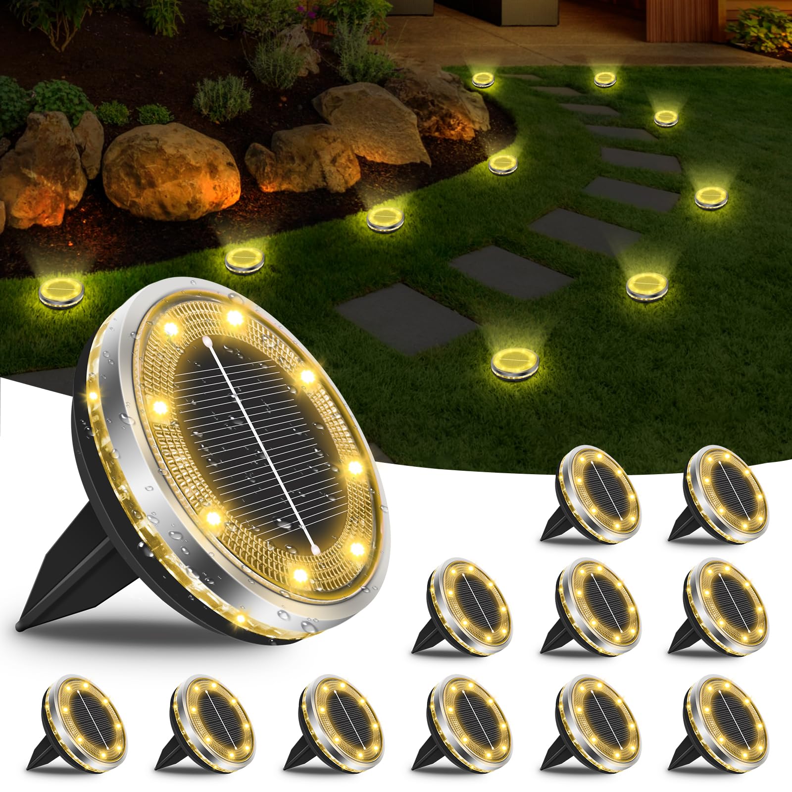 Bowfar 12 Stück Solar Bodenleuchten Aussen, IP65 Wasserdicht Solarlampen 8 LEDs Gartenbeleuchtung Solar Mit Upgrade Solarpanel, Warmweiß Solarleuchten für Garten, Rasen, Gehweg, Patio, Auffahrt