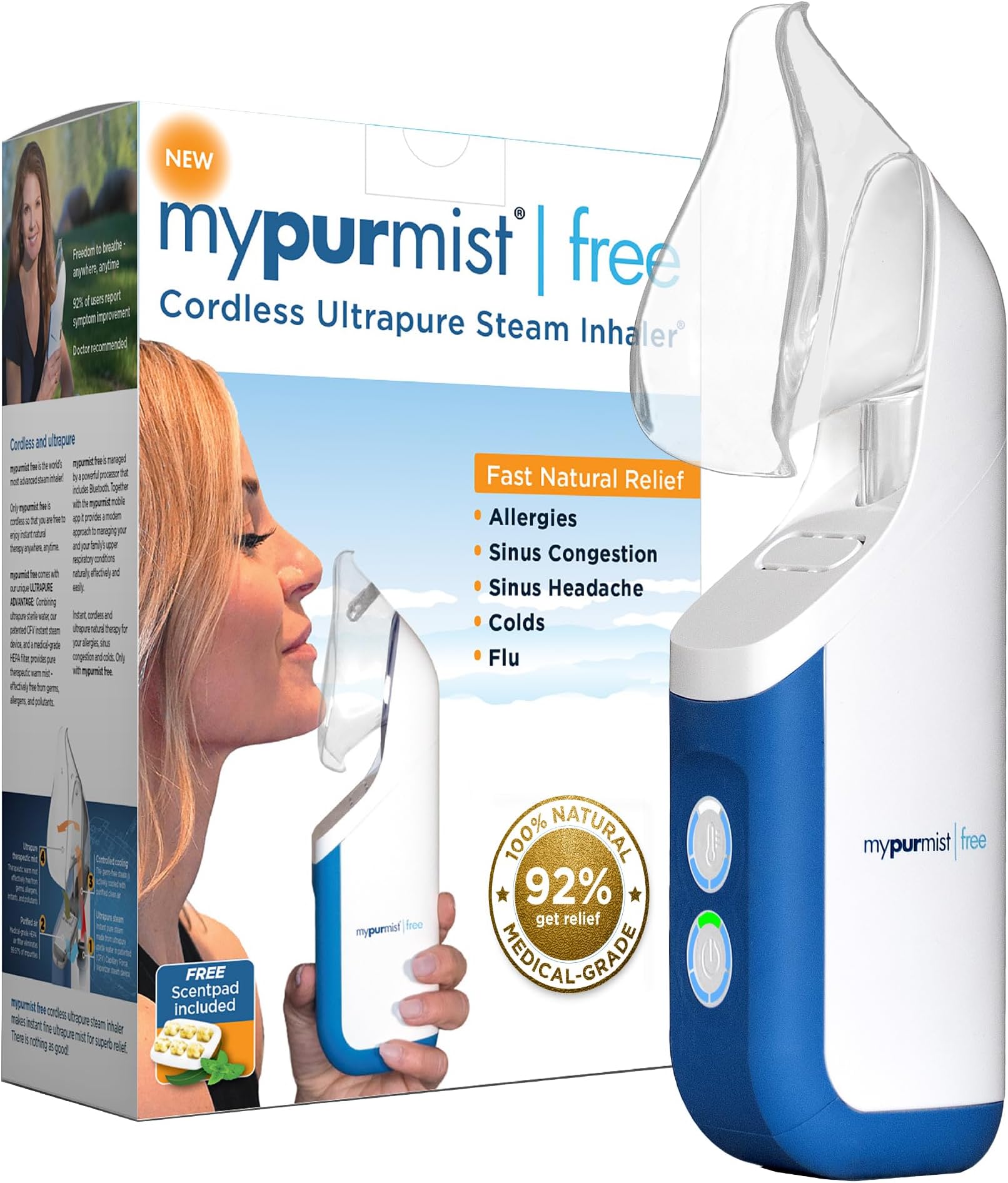 Free Ultrapure Cordless Steam Inhaler - Handheld Personal & Battery-Powered Steamer, Vaporizer & Humidifier for Sinus Relief, Nasal Congestion, Cold & Cough, Vocal Care