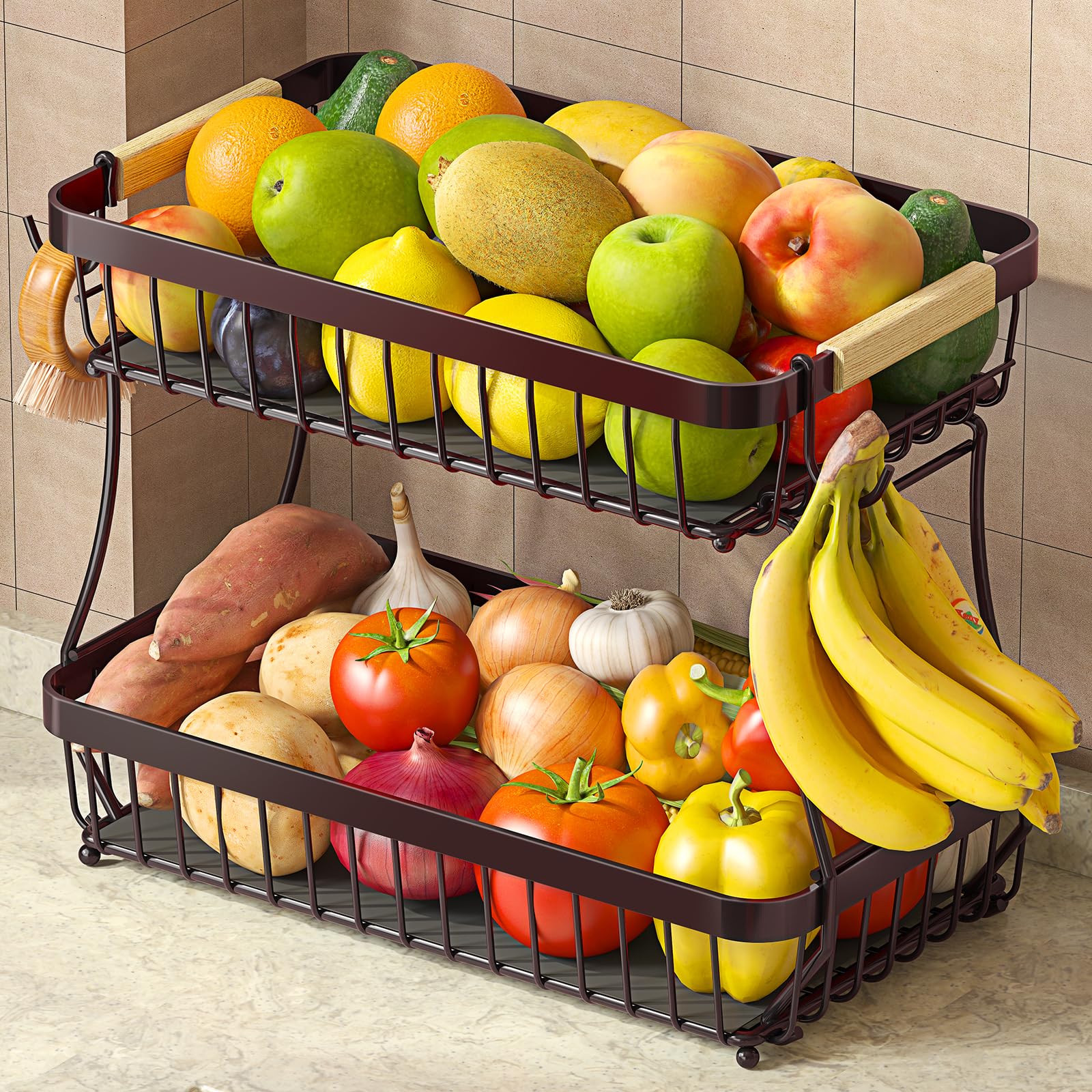 Fournine 2 Tier Fruit Bowl Basket with 2 Banana Hanger, 2026 Pro Detachable Kitchen Countertop Organizer for Fruits, Vegetables, Snacks, Metal Vegetable Storage Rack with Banana Holder, Brown