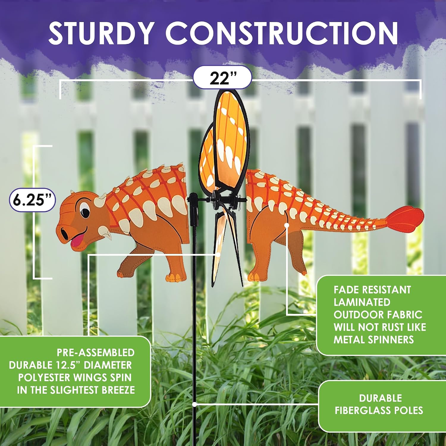 Premier Kites Petite Spinner Ankylosaurus – Whimsical Wind Spinner for Yard & Garden, Durable Weather-Resistant Fabric, Easy to Assemble, Outdoor Decor for Patios, Lawns, & Fairy Lovers