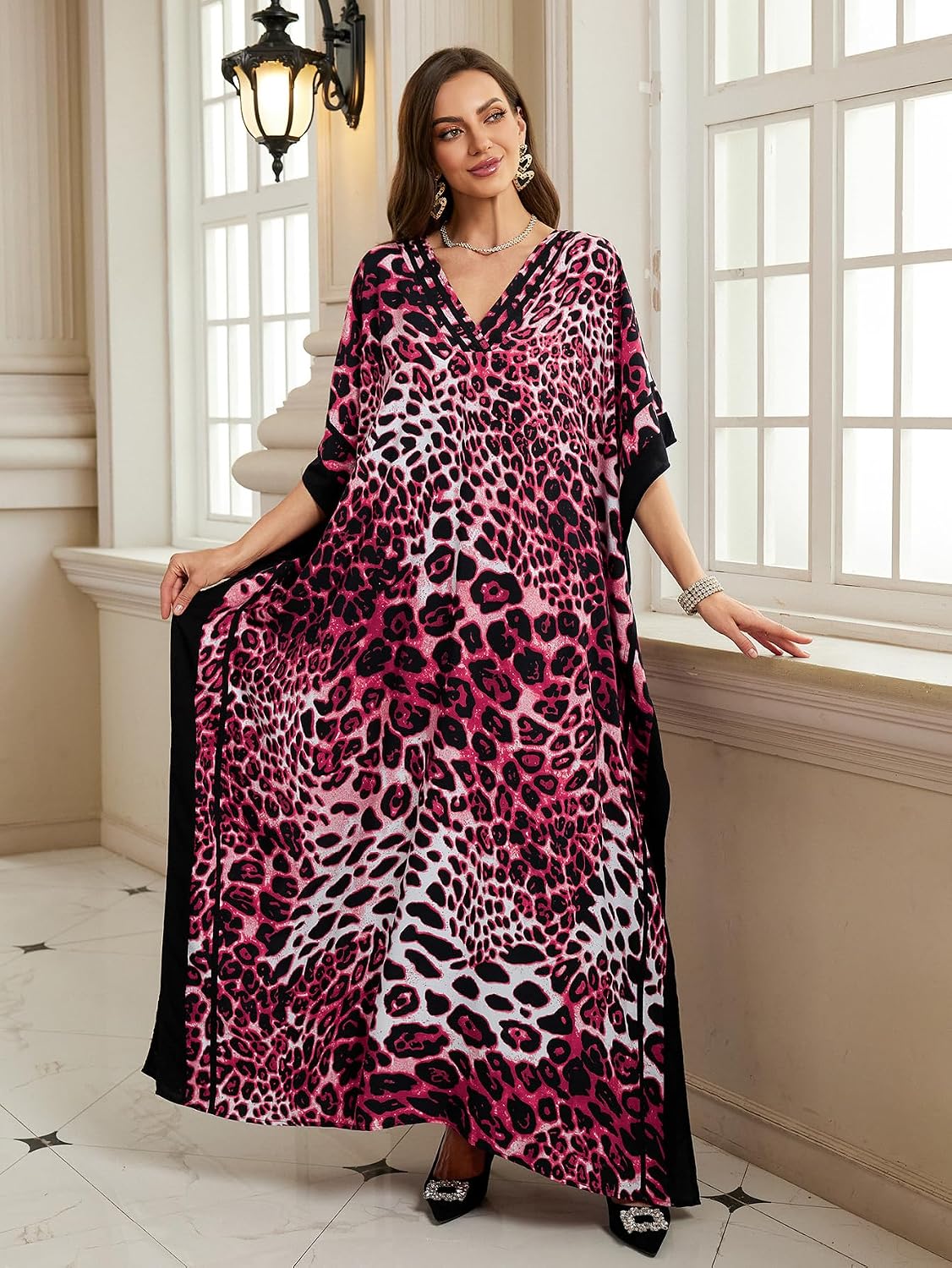Kaftan Dresses for Women Plus Size V Neck Batwing Sleeve Maxi Dress Loose Flowy Beach Cover Up Moomoo Dress