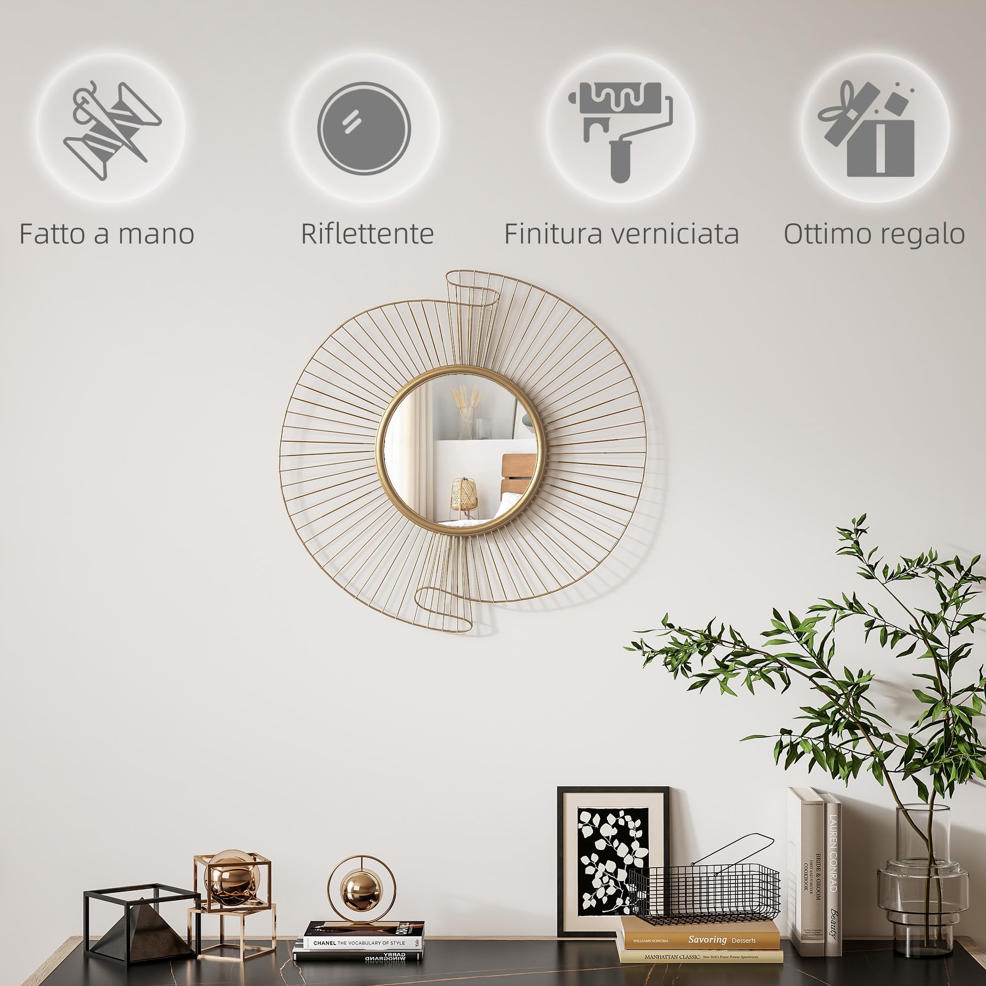HOMCOM Decorazione Murale Specchio da Parete Rotondo, Specchiera Moderna con Strisce in Metallo e Design Plissettato, Wall Art per Soggiorno, Camera e Ingresso, 60x60 cm, Oro