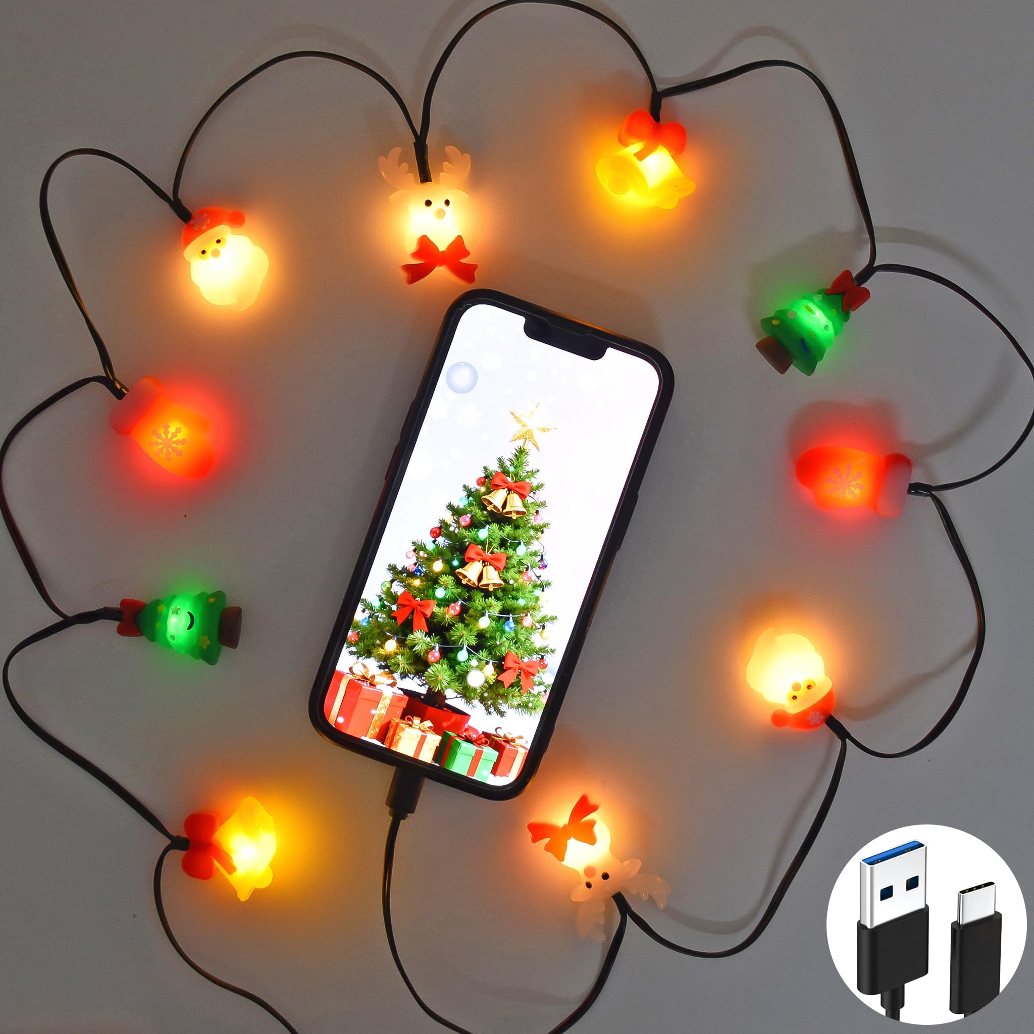 2 x kabel do ładowania lampek bożonarodzeniowych, 139,7 cm USB-A do typu C, z 10 żarówkami LED, świąteczne kable do ładowania kompatybilne z telefonem/i 17/16/15 i iPad/i Android, Samsung, dekoracja