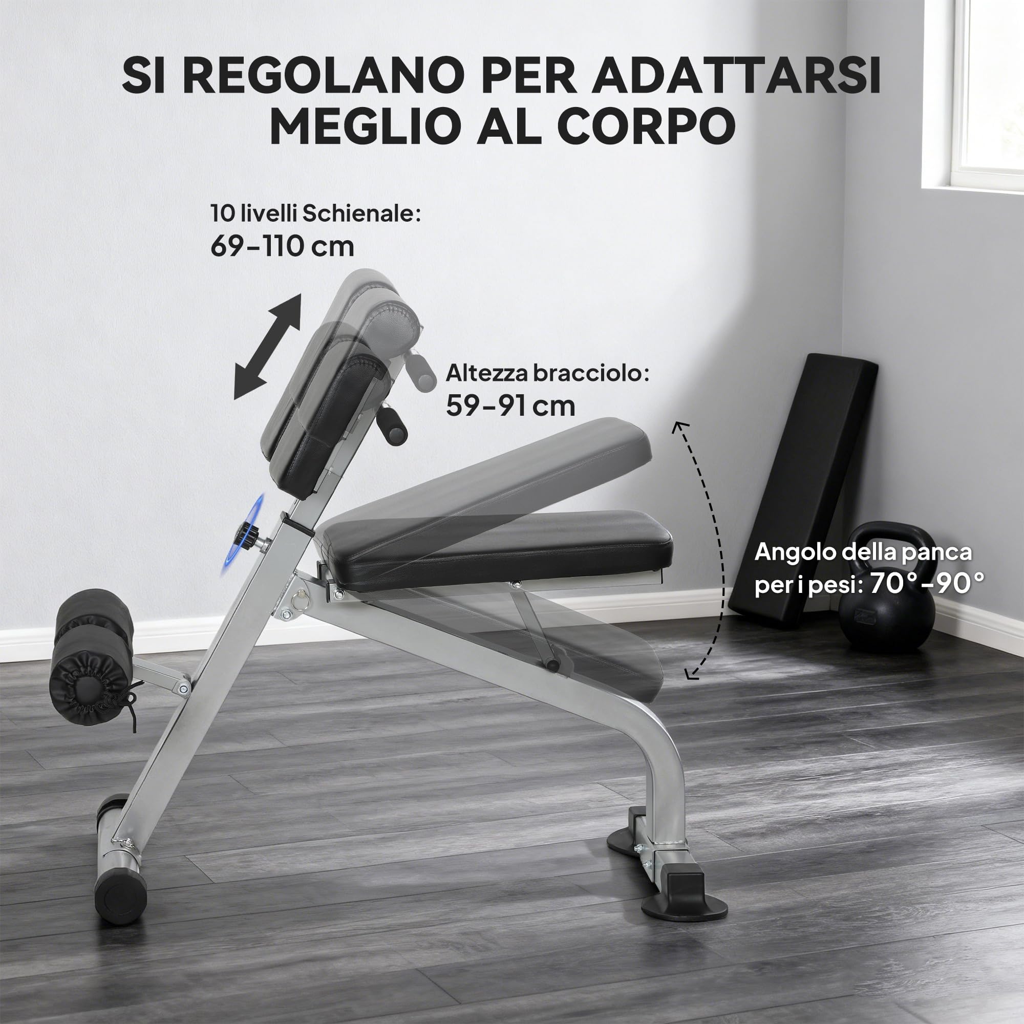 SPORTNOW Panca Romana Multifunzione, Sedia Romana Pieghevole con Inclinazione Altezza Regolabile per Iperestensioni Schiena, Panca Addominali Pesi Fitness per Allenamento Palestra Casa, Capacità 150kg