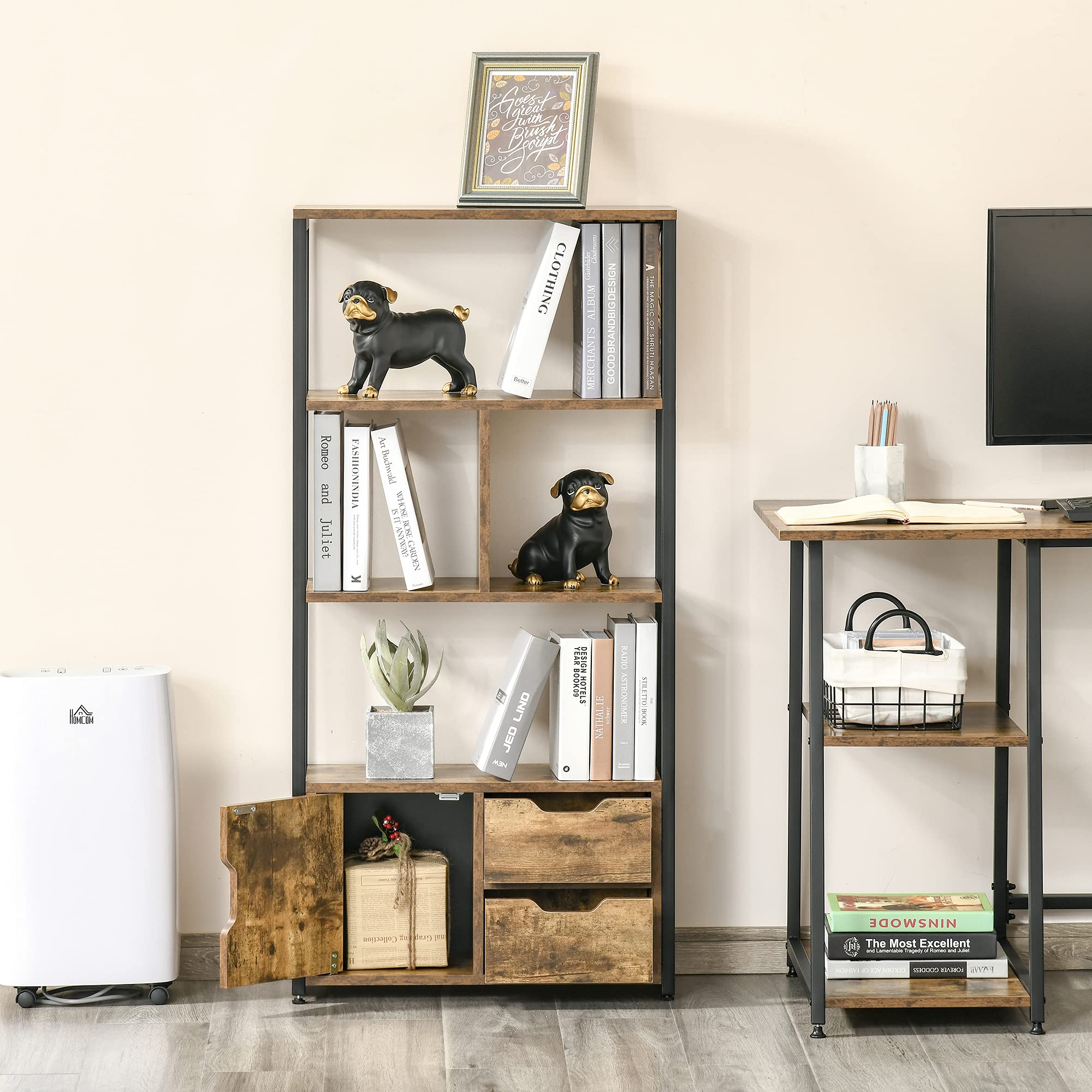 HOMCOM Librería, Estantería para Libros con 4 Estantes, 2 Cajones y Puerta, 58x24x122 cm, Estantería Industrial para Salón, Dormitorio, Estudio, Oficina, Marrón Rústico