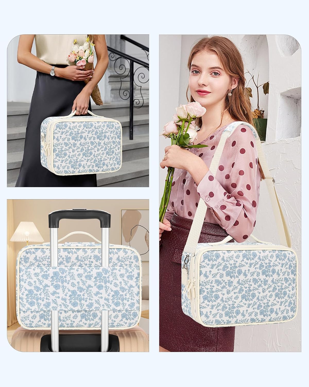 Relavel Large Makeup Bag, Cute Cosmetic Bags for Women and Girls Travel Makeup Organizer Bag Train Case 13.8 inches Makeup Brush Holder and Storage with Adjustable Dividers, Floral Print image 5