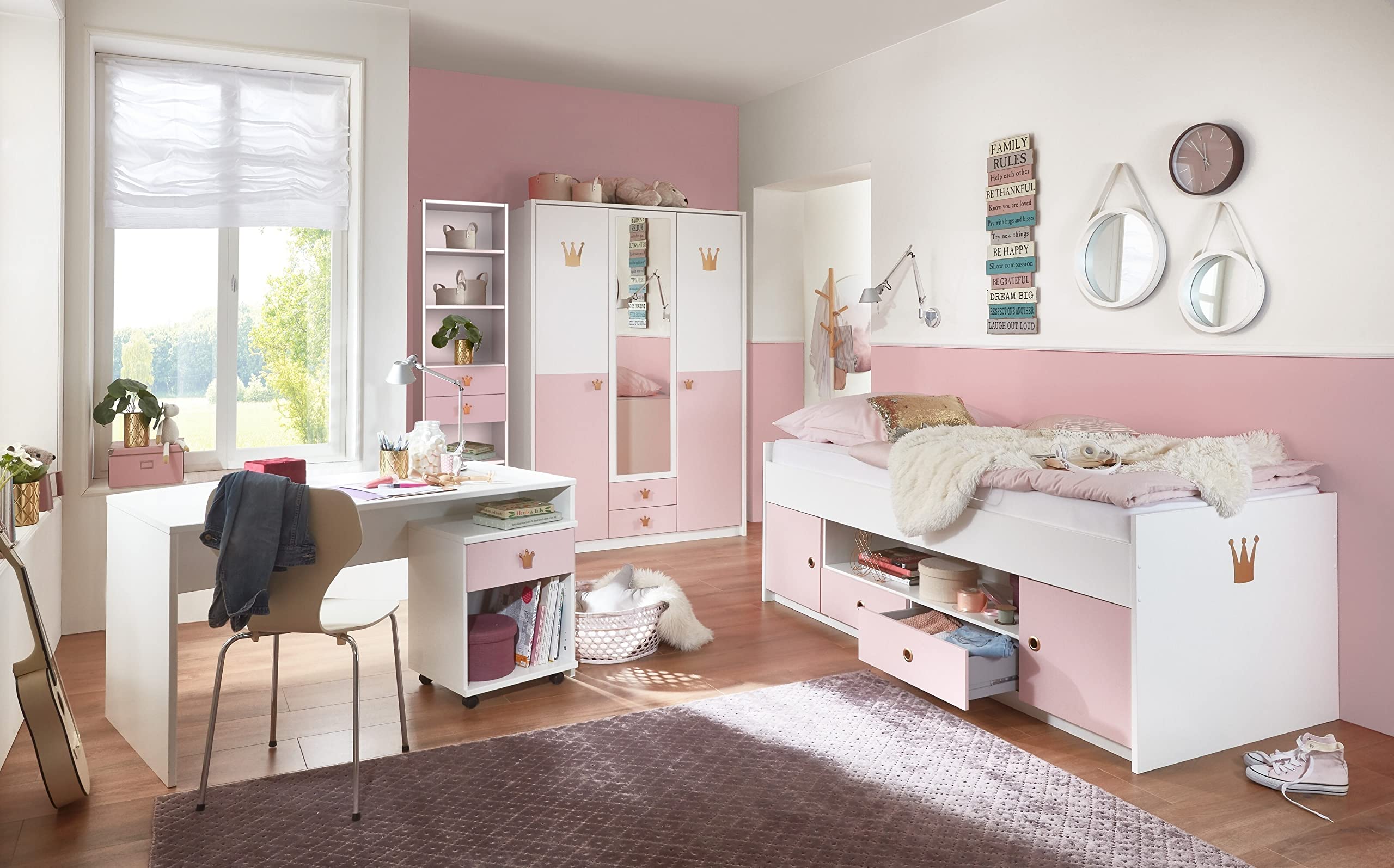 möbelando Kleiderschrank CINDY2 139x199x58 cm Weiss Rose