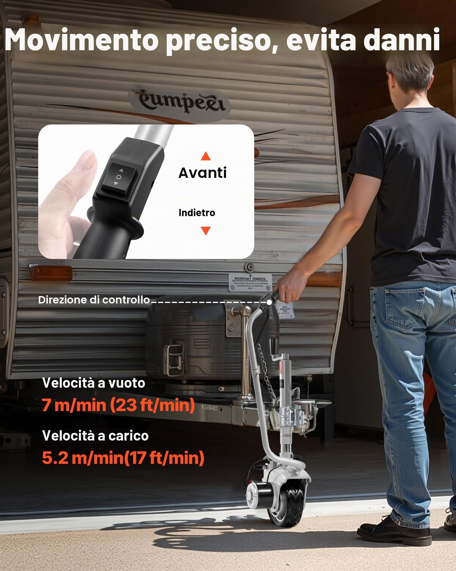 VEVOR Carrello Elettrico per Rimorchio, Ruota di Supporto Motorizzata velocità di Movimento di 7 m/min, Altezza del Morsetto Regolabile 31 a 63 cm, capacità di 2,5 T per Roulotte e Barche