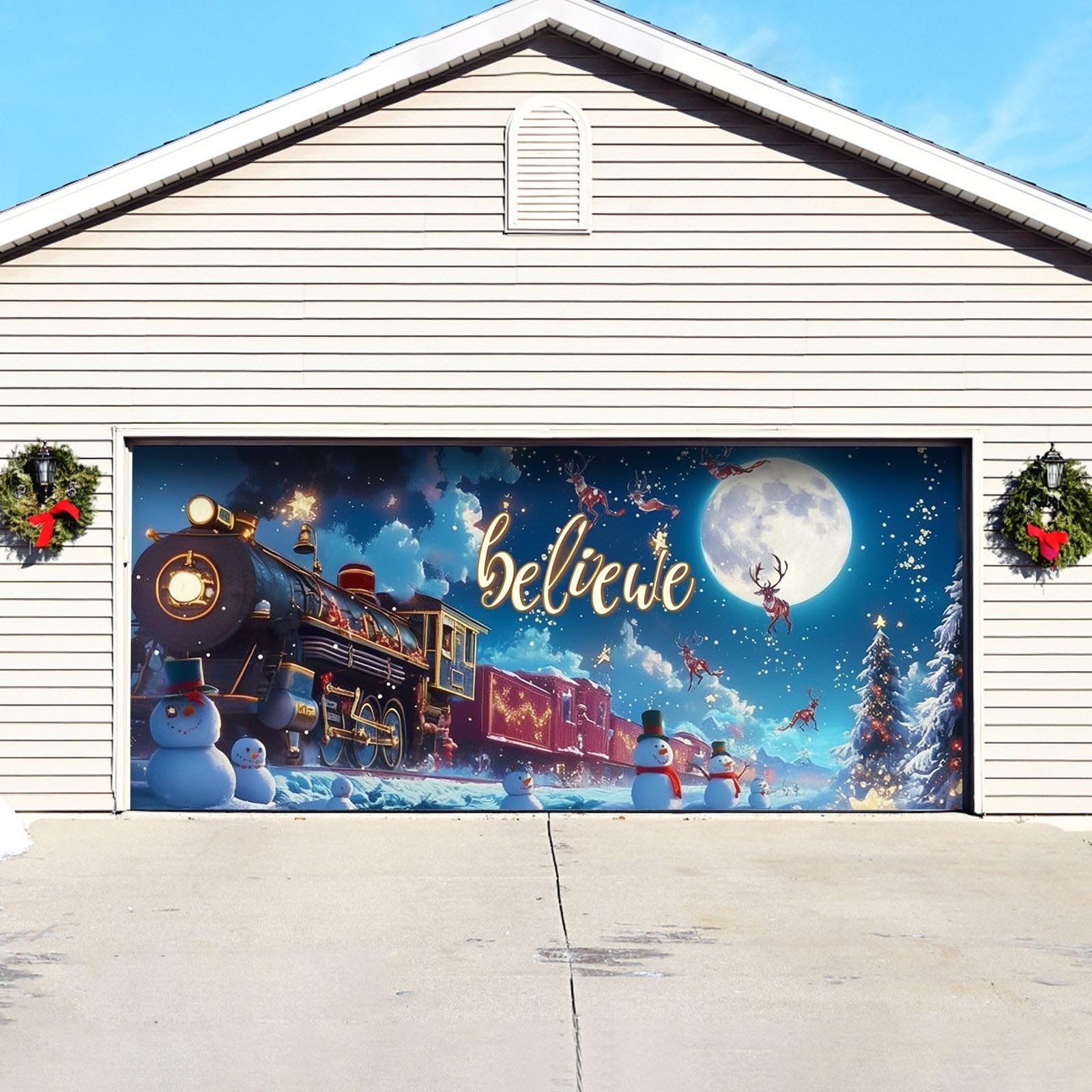 Cartel de graduación grande para puerta de cochera al aire libre para temporada de vacaciones, doble letrero de bienvenida con diseño de trineo de Papá Noel, reno, fiesta festiva