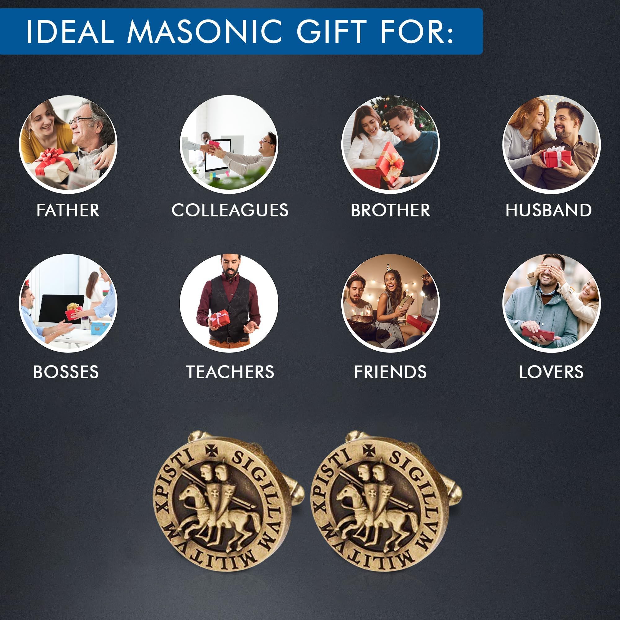 THE MASONIC COLLECTION Gemelli antichi in bronzo rustico con sigillo dei Cavalieri Templari - Placcati in bronzo - Un regalo utile per gli uomini massoni