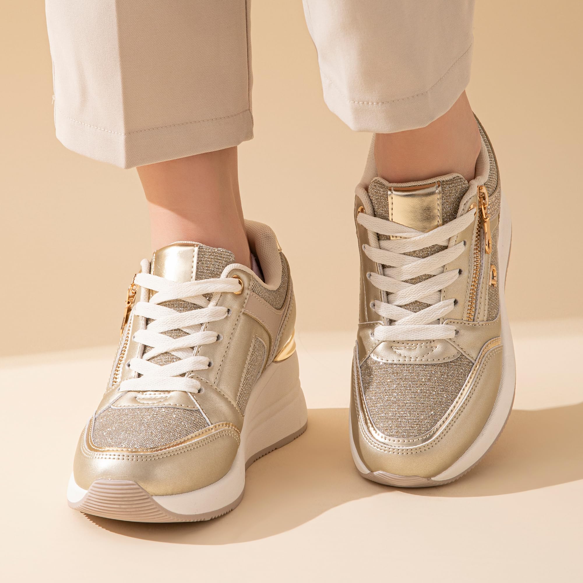 JOMIX Scarpe da Ginnastica Donna con Zeppa Sneakers Eleganti Glitterati con Cerniera Laterale e Suola Spessa Comode per Camminata Quotidiana