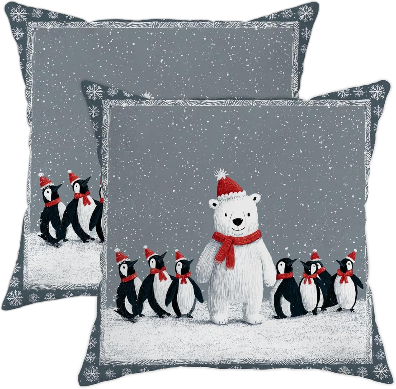 Winter Throw Pillow Covers Set of 2, Gray Polar Bear and Penguin Pattern Cushion Cases, Cozy Holiday Decorative Square Covers for Home Sofa Bed Couch 28x28 Inch