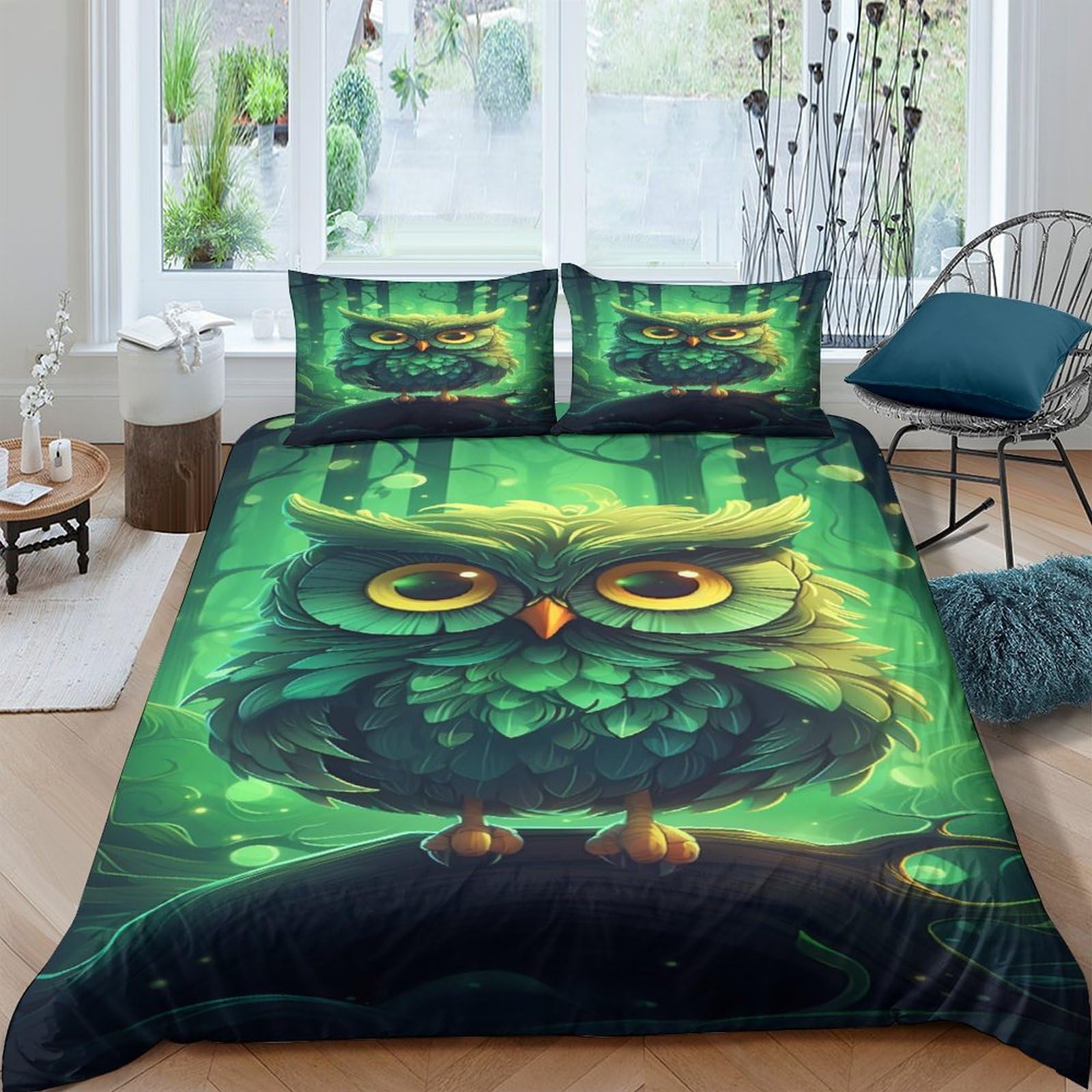 Parure de lit enfant hibou vert en microfibre douce anti-glissement avec fermeture éclair