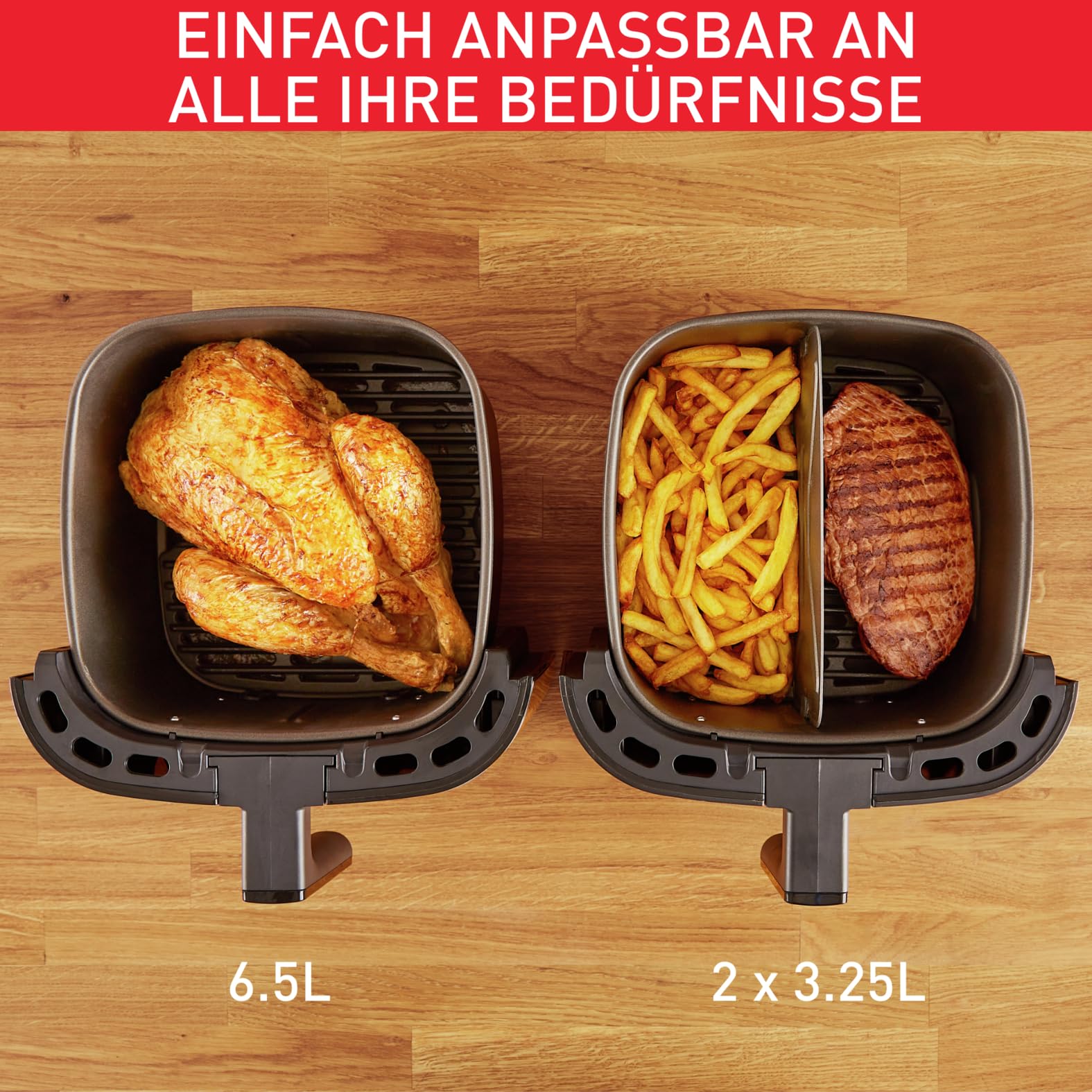 Tefal Easy Fry & Grill XXL Heißluftfritteuse 6,5 L – Airfryer mit Flexcook-Trennwand (XXL oder geteilt), 8 Programme, 80–220 °C, Druckguss-Grillplatte, fettarm frittieren, spülmaschinenfest EY8018