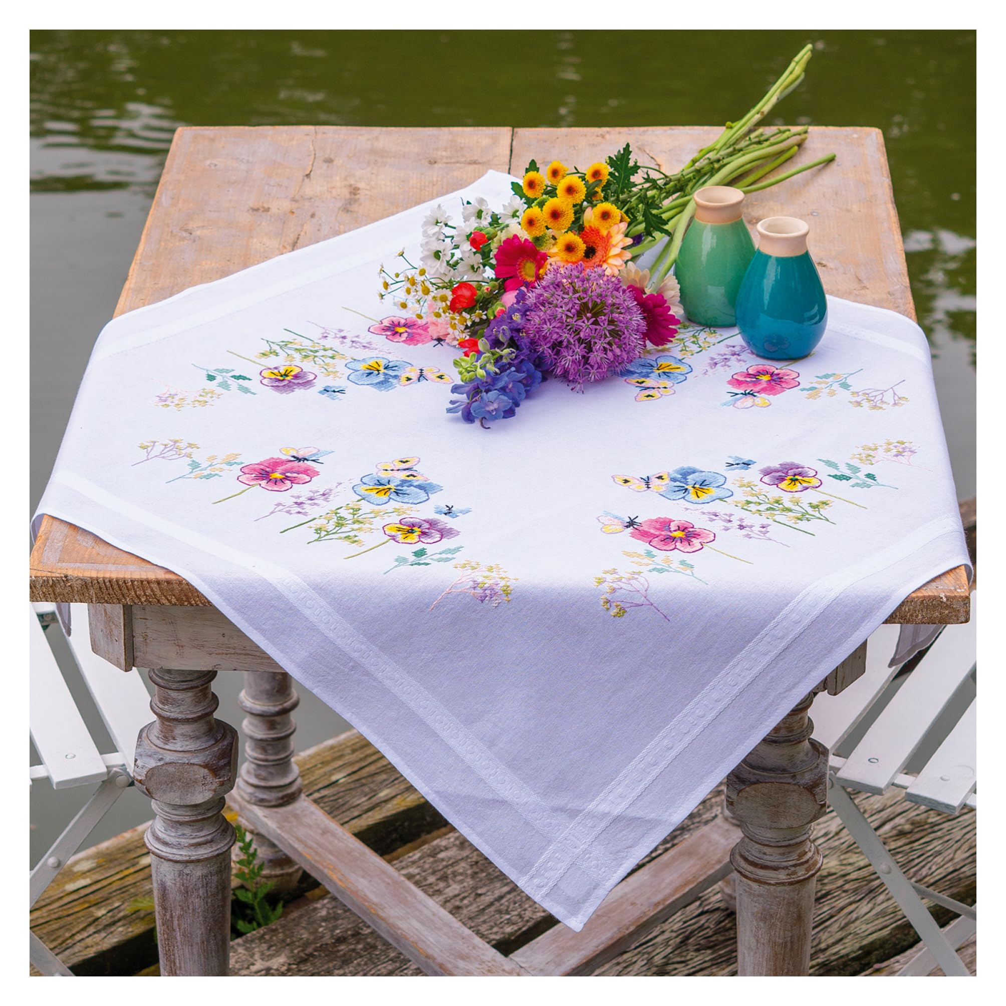 Vervaco Embroidery Cross Stitch Kit Pre-Printed Tablecloths Pansy Table Linen Set DIY Creative Approx. 80 x 80 cm Hobby Kit Creative Adults Home Decor Cross Stitch Embroidery