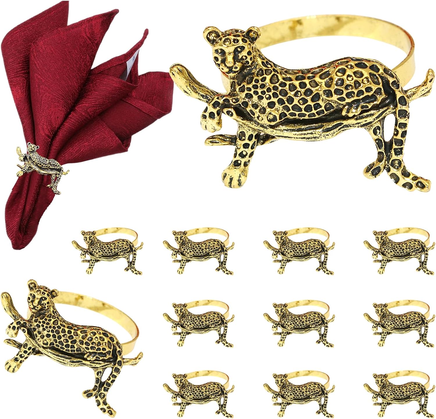 Leopard Napkin Rings Set of 12 Antique Gold Animal Napkin Holders for Christmas Halloween Safari Jungle Party Decor,Vintage Cheetah Napkin Ring for Baby Shower Fall Gatherings Table Setting
