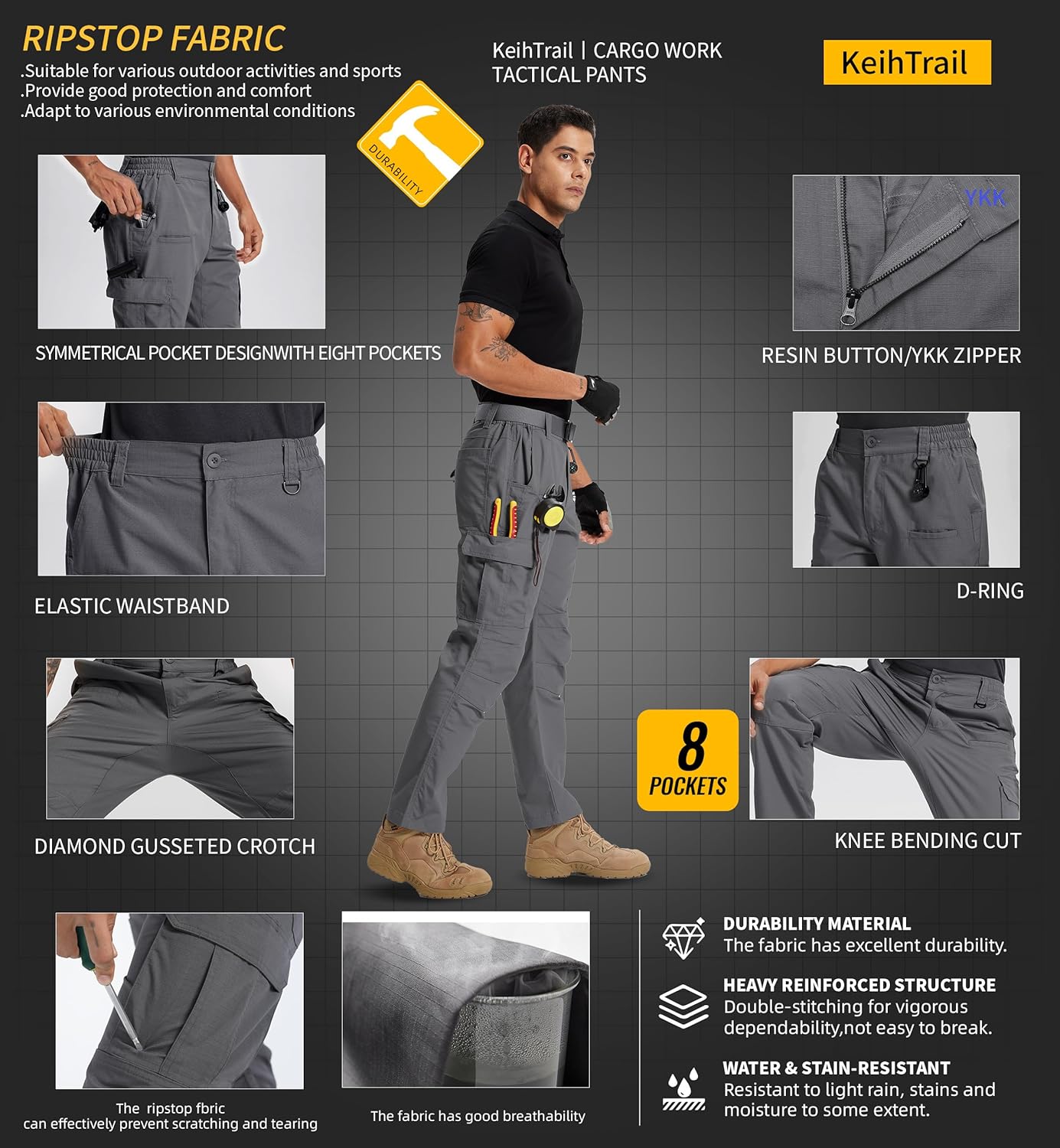 Tactical Work Cargo Hiking Mens Pants-Ripstop Breathable Lightweight Water Resistant-EDC with 8 Pocket - Image 4