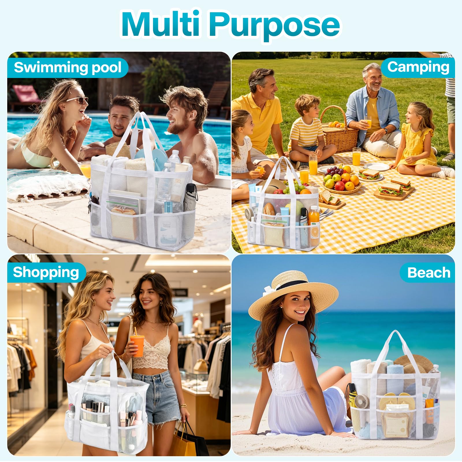 Borsa Mare Grande XXL Famiglia, Borsa da Spiaggia in Rete, Borsas Mare Donna, Bag Spiaggia Pieghevole, Traspirante, Moda, Pratica, per Nuotare, Campeggiare, Viaggiare, Fare Shopping