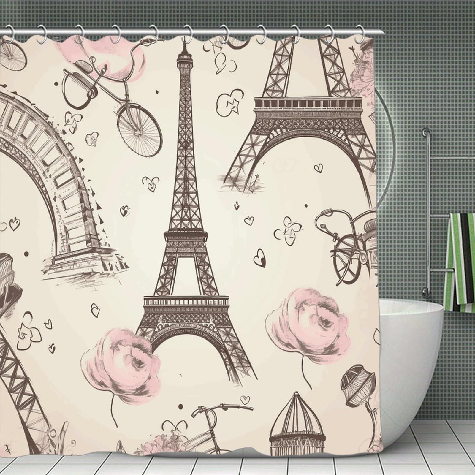 VstaDank The Eiffel Tower and A Bicycle Shower Curtain 71x71 Heavy Duty Polyester Cloth Bath Curtain with Hooks Thick Waterproof Shower Liner Fun Magic Decorative Bathroom Curtains for Bathtub