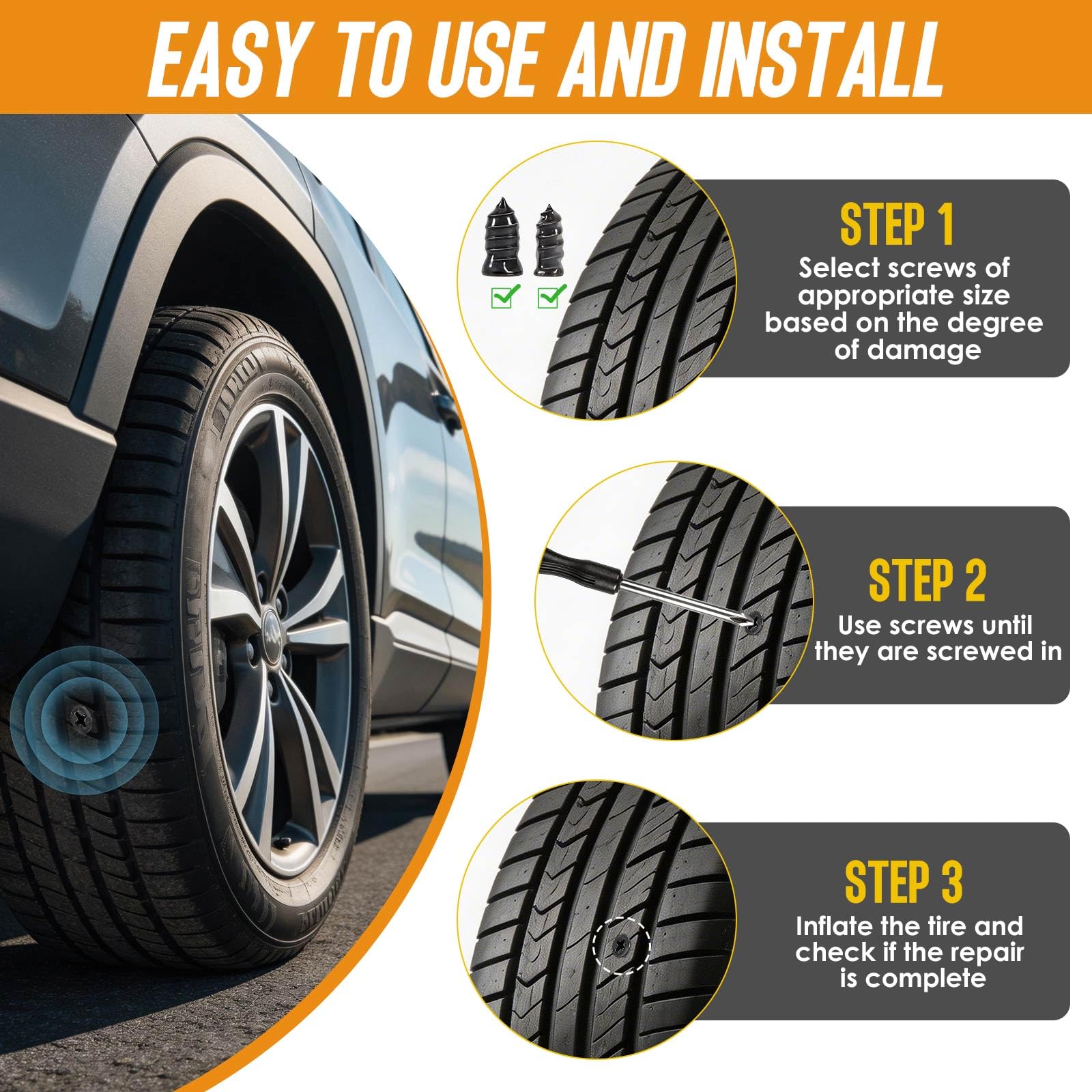 Kit di 61 chiodi in gomma per riparazione pneumatici, tappi in gomma a vite con cacciavite per riparazione di forature di pneumatici tubeless, strumento di emergenza per riparazione di pneumatici