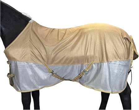 BARN & STABLE Breathable and UV Protective Tear-Resistant Mesh Horse Fly Sheet Comfy Equine Summer Sheet with Removable Web Leg Straps Gold Silver, 72 in