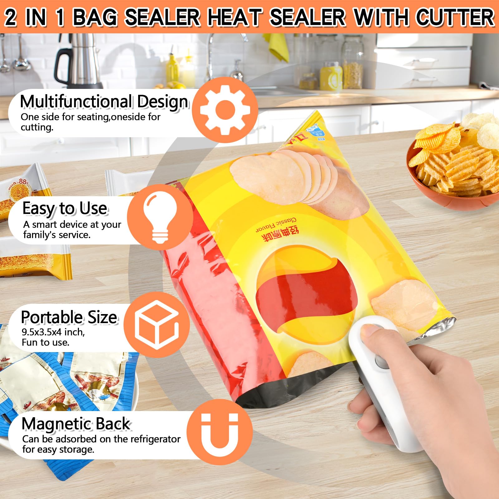 Scellant Thermique 2-en-1 Portable + Coupe Sacs – Pour Snacks, Frites, Céréales (ABS)