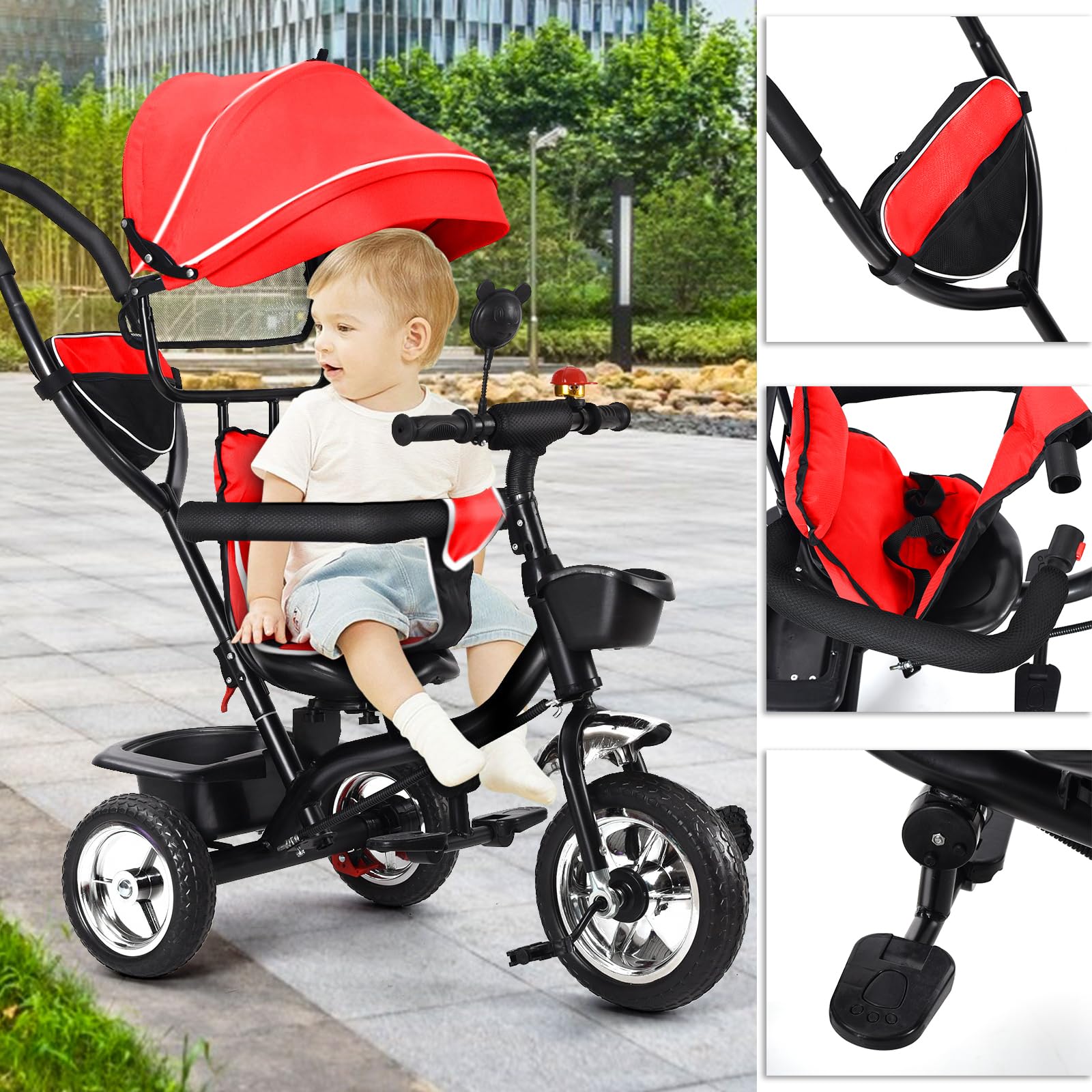 Tricycle avec Barre de poussée, pour Enfant dès 1 an, avec Barre coulissante, auvent, Repose-Pieds Amovible et siège réversible, pneus en Caoutchouc Anti-éclatement 4 en 1