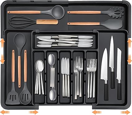 Silverware Organizer Expandable Kitchen Utensil Drawer Organizer Large BPA Free Adjustable Cutlery Silverware Tray for Spoons Forks Knives Storage Divider for Kitchen Flatware 6-9 Slots Black