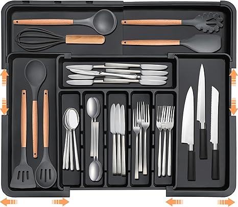 Silverware Organizer Expandable Kitchen Utensil Drawer Organizer Large BPA Free Adjustable Cutlery Silverware Tray for Spoons Forks Knives Storage Divider for Kitchen Flatware 6-9 Slots Black