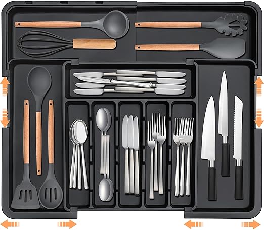 Silverware Organizer Expandable Kitchen Utensil Drawer Organizer Large BPA Free Adjustable Cutlery Silverware Tray for Spoons Forks Knives Storage Divider for Kitchen Flatware 6-9 Slots Black
